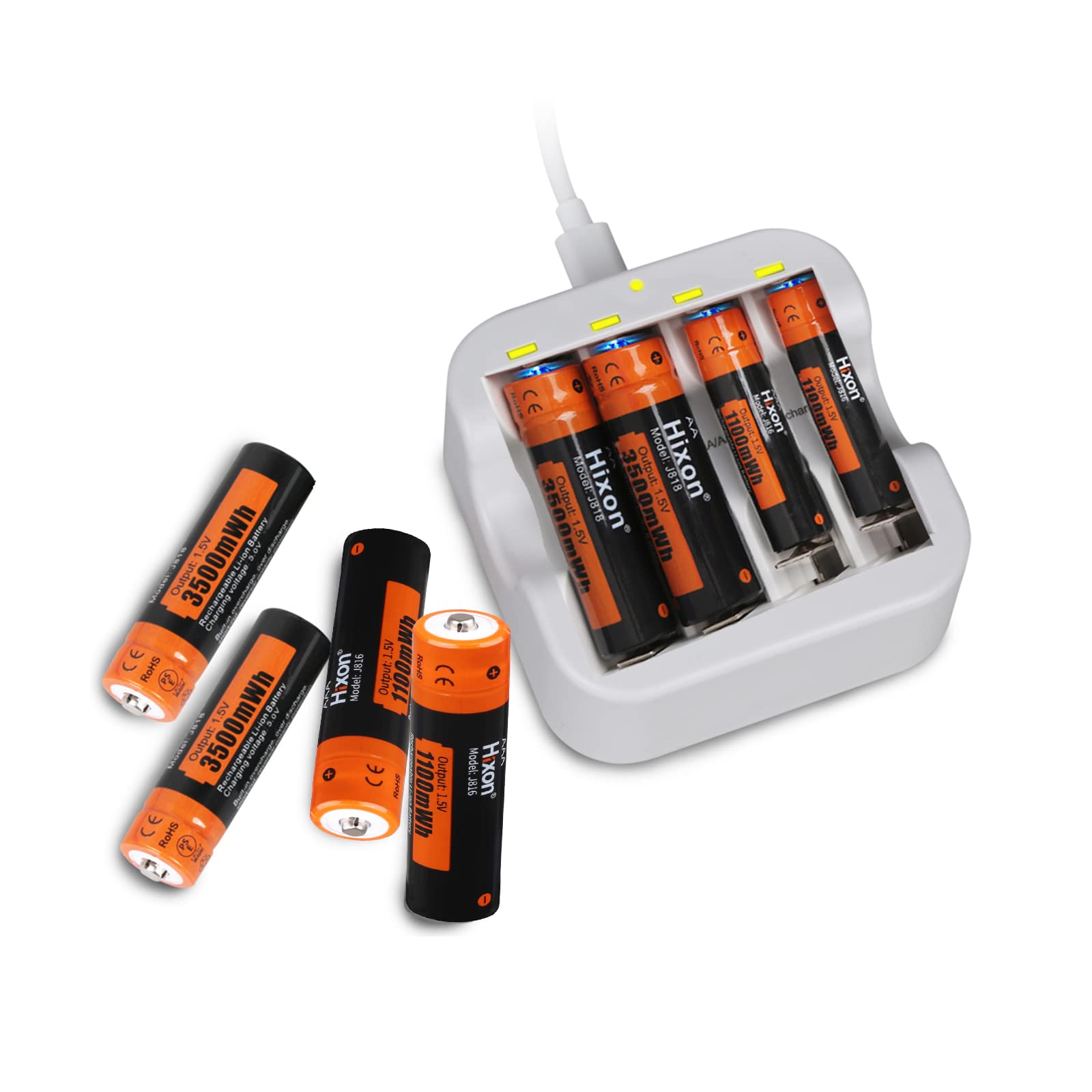 Hixon 1.5V Rechargeable AA AAA Lithium Battery Charger with 4 AA & 4 AAA Batteries - Fast Charging for Cameras, Flashlights, Toys & Electronics