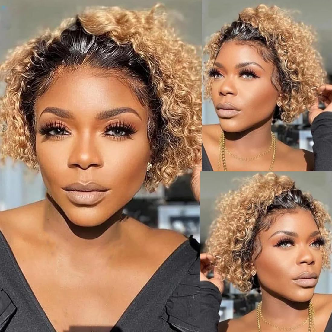 13x1 Lace Front Pixie Cut Human Hair Wig - Pre Plucked Short Curly Bob Wigs for Black Women | Glueless Remy Human Hair Lace Wig (1B/27 Color) | Perfect for Daily Wear, Cosplay & Special Occasions