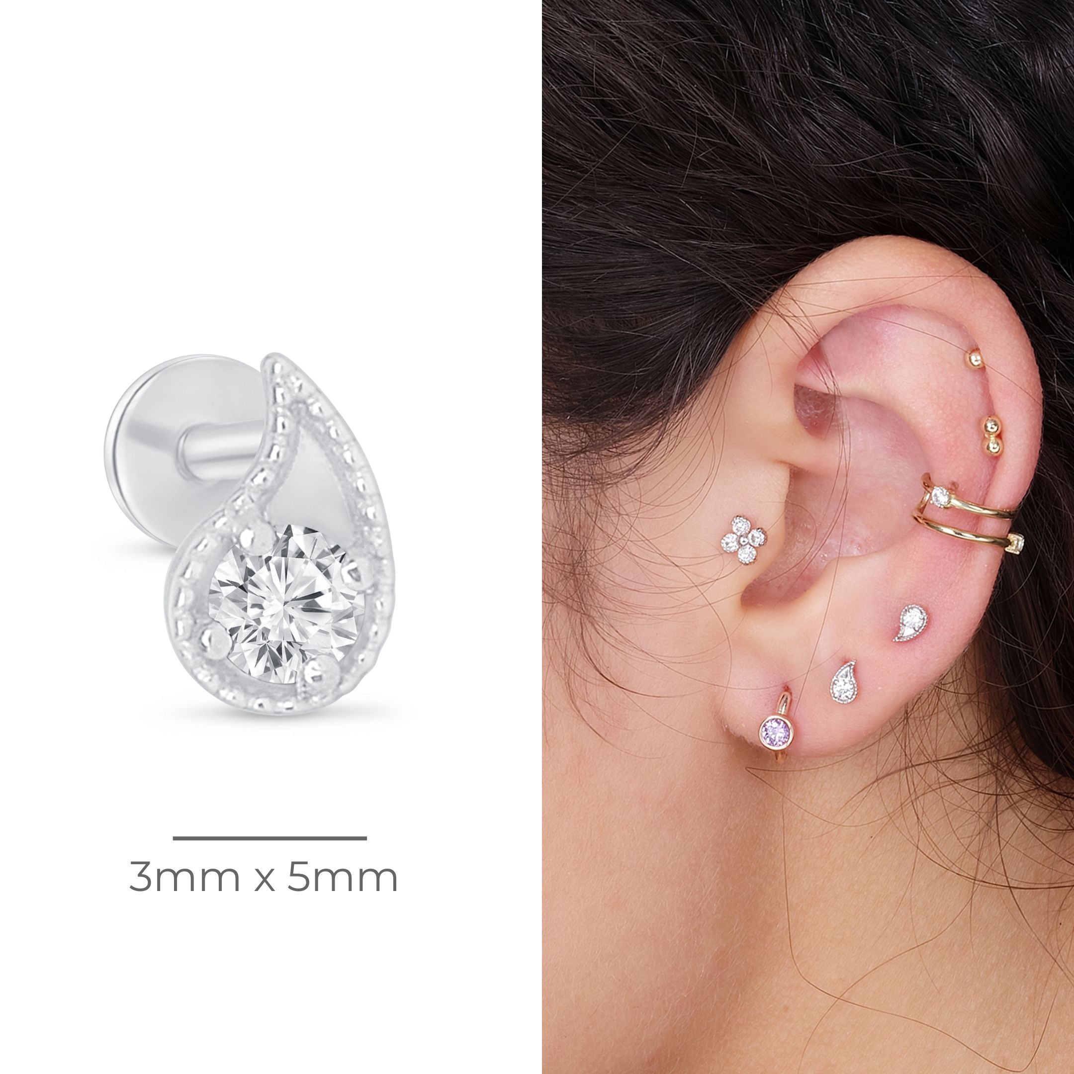 14K White Gold Diamond Paisley Flat Back Stud Earrings with Milgrain Detailing | Elegant Everyday Jewelry for Women, Perfect for Work, Parties & Special Occasions