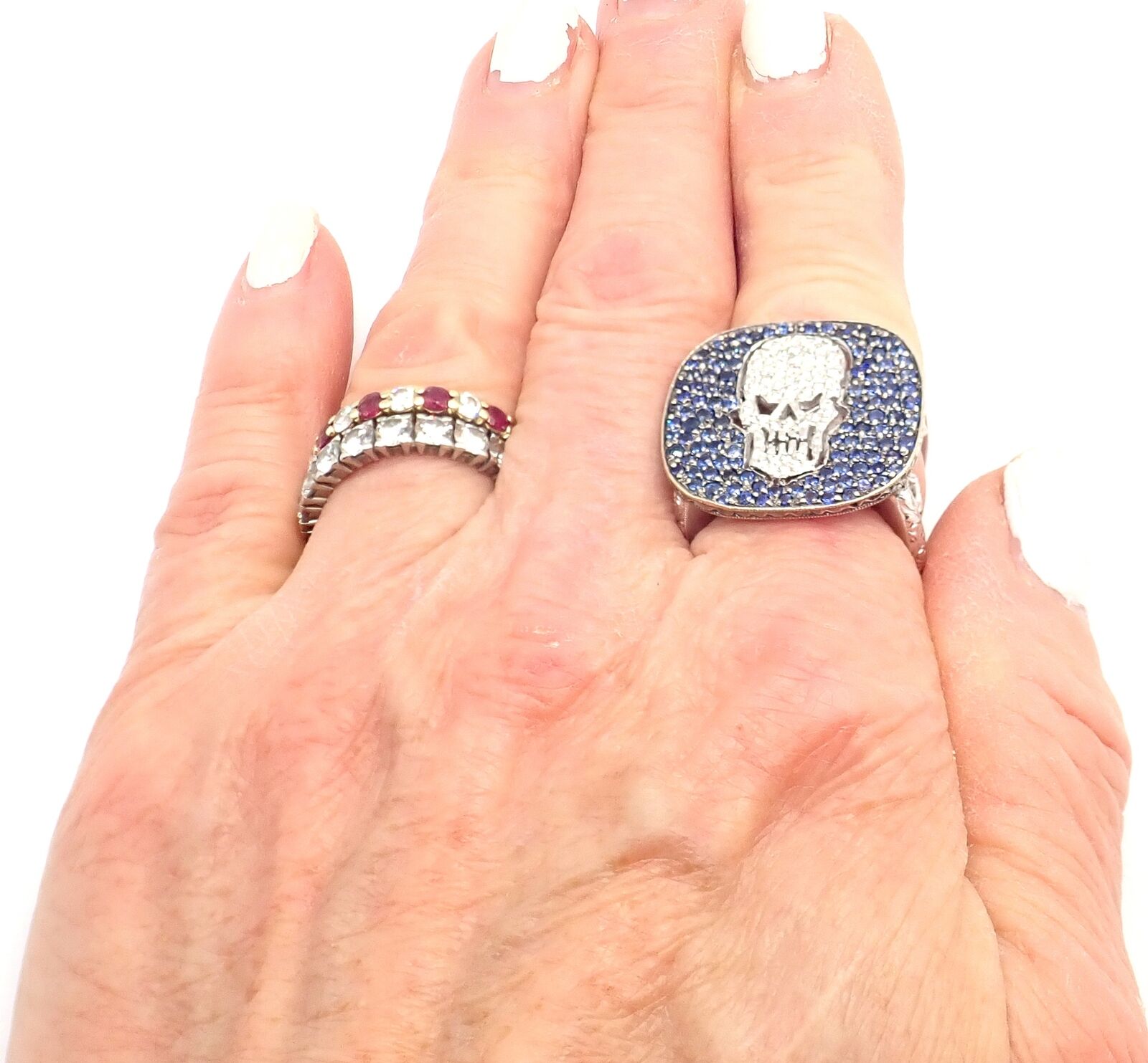 Authentic Loree Rodkin 18K White Gold Diamond Sapphire Skull Ring with Gift Box - Gothic Jewelry for Women, Perfect for Halloween, Punk Fashion & Unique Gift Giving