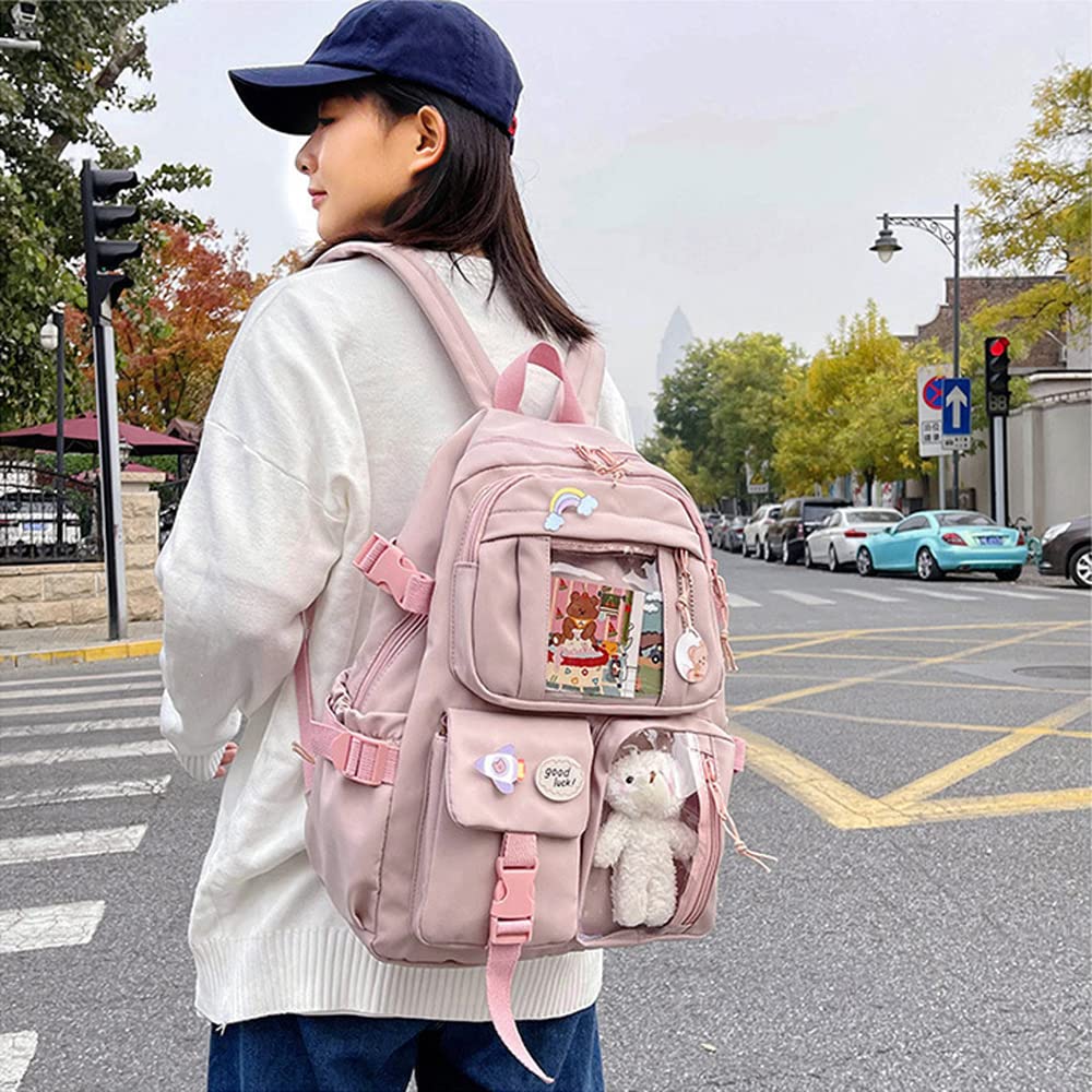 Preppy Kawaii Backpack for Girls with Pin & Accessories - School & Travel (Red)