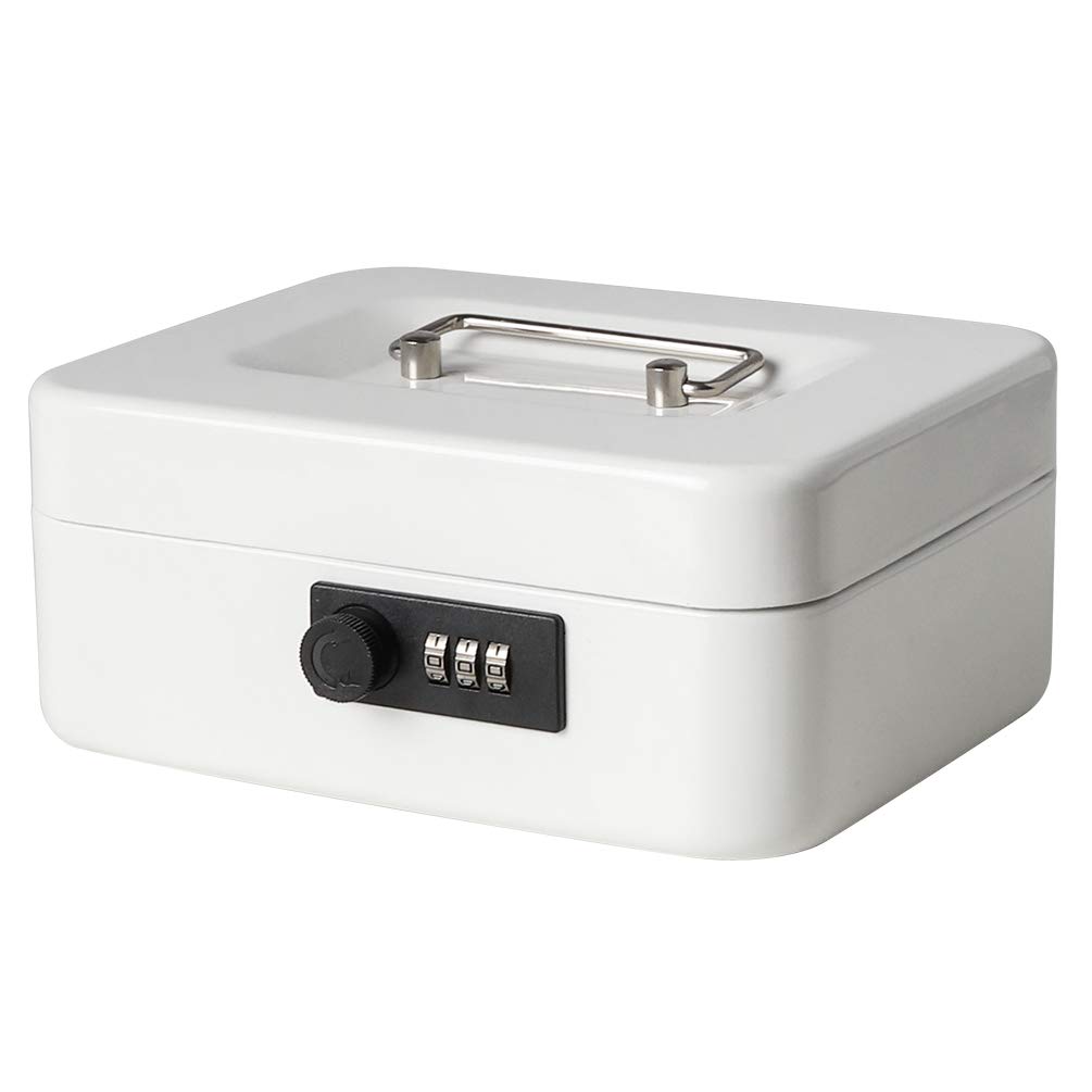 Jssmst Medium Cash Box with Combination Lock - Heavy Duty Metal Money Storage Box with Removable Tray (7.87 x 6.3 x 3.35 inches) - Perfect for Small Business, Home Office, Retail Store & Cash Handling Security