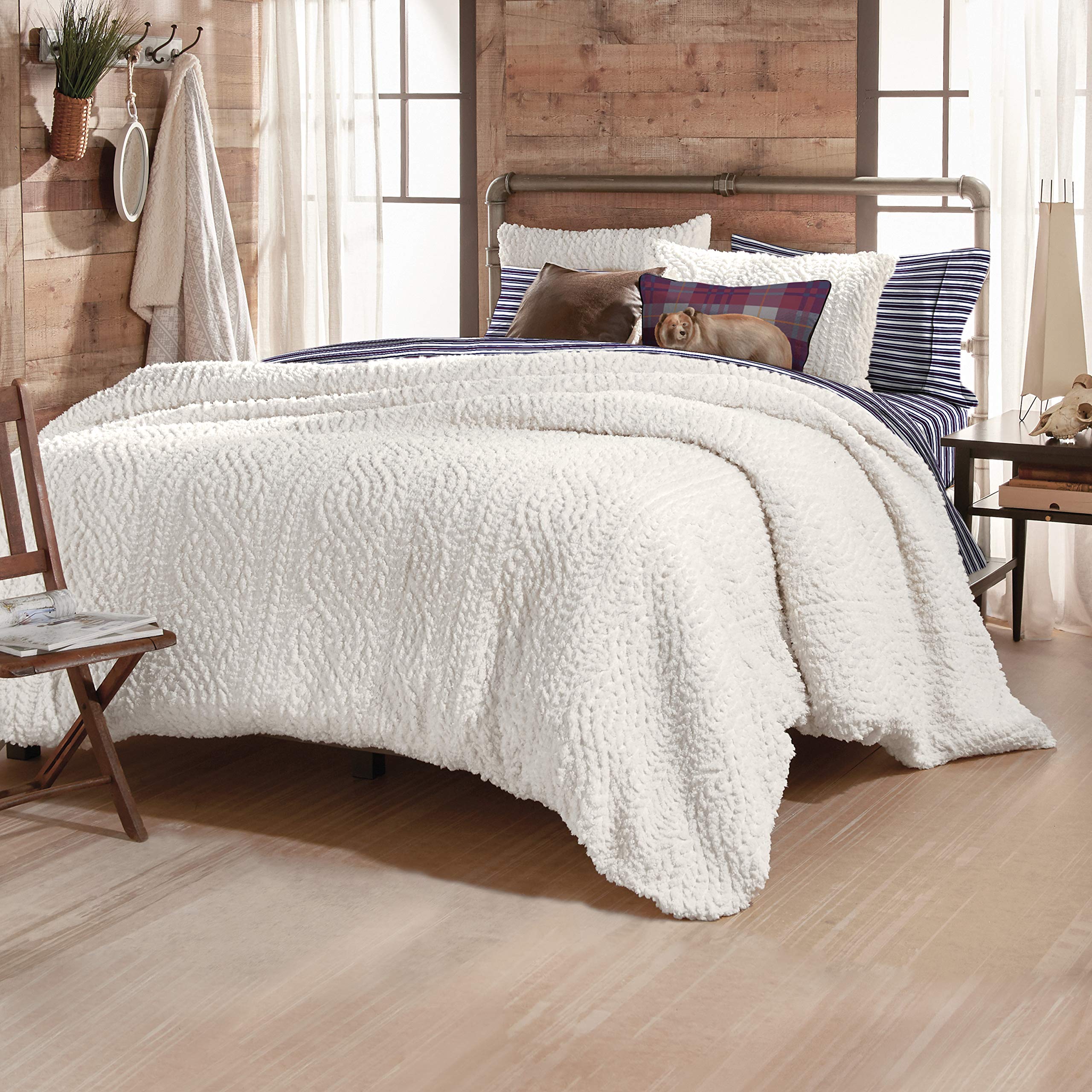 G.H. Bass Plush Sherpa Cable Knit Fluffy Soft Solid Pinsonic Cozy Comforter Set - King Size, Ivory White - Ultra Warm Bedding for Winter, Perfect for Master Bedroom & Guest Room