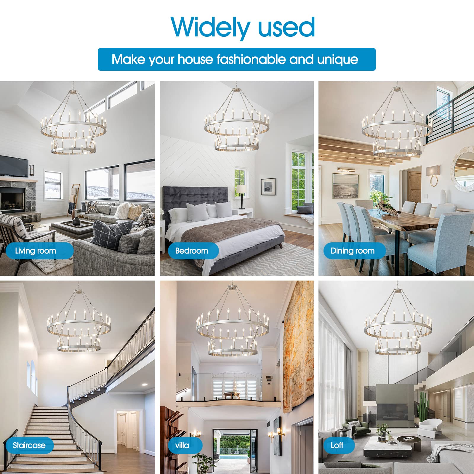 Extra Large 48 Inch HHR 2-Tier Wagon Wheel Chandelier - 36-Light Rustic Farmhouse Pendant Light in Nickel Finish for High Ceilings | Perfect for Dining Rooms, Living Rooms & Offices (E12 Base) | Creates Warm Ambiance for Farmhouse Weddings & Rustic Home Decor