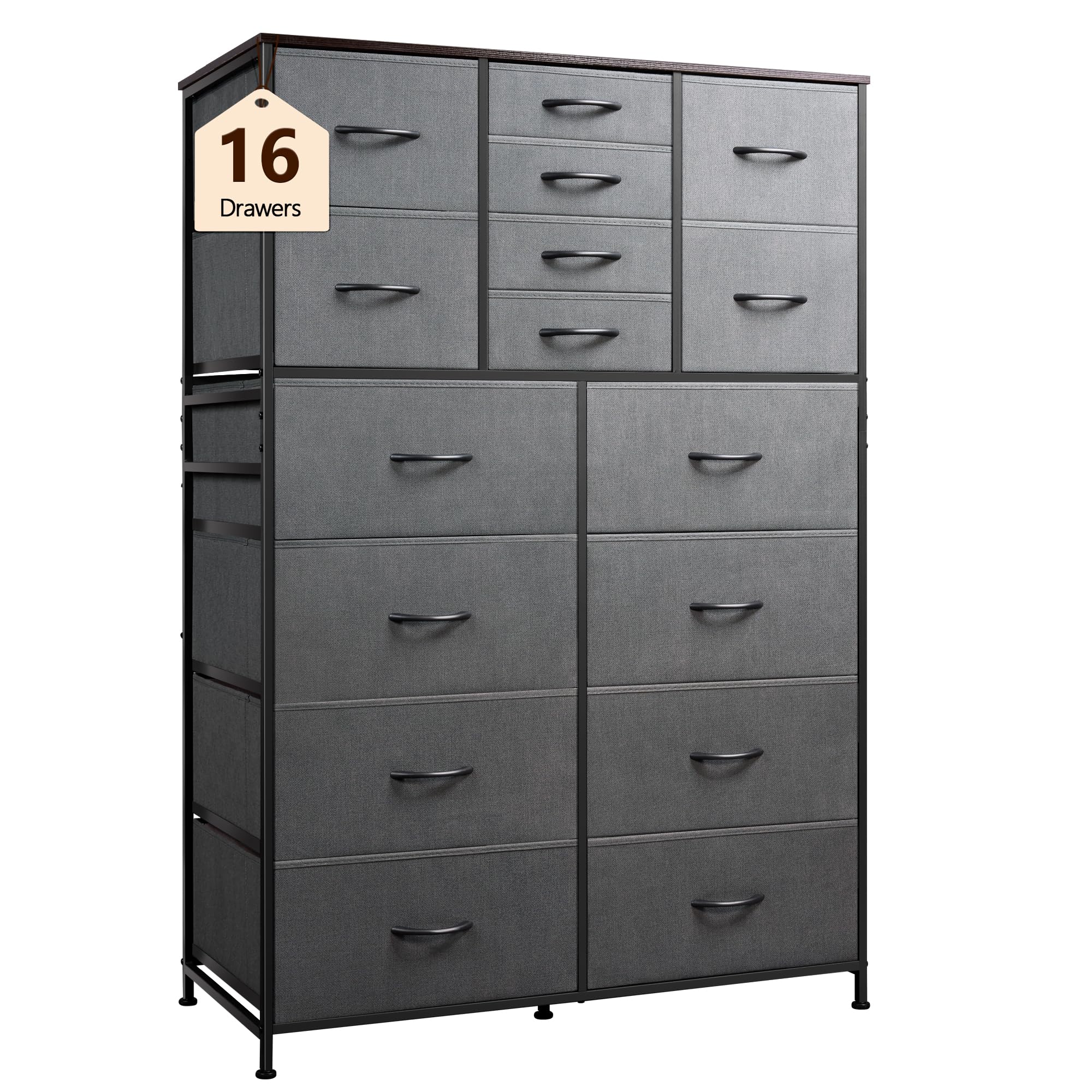 WLIVE 16-Drawer Fabric Storage Dresser - Tall Bedroom Dresser Organizer with Bins for Closet, Hallway & Living Room - Dark Grey Chest of Drawers for Home Organization & Space Saving