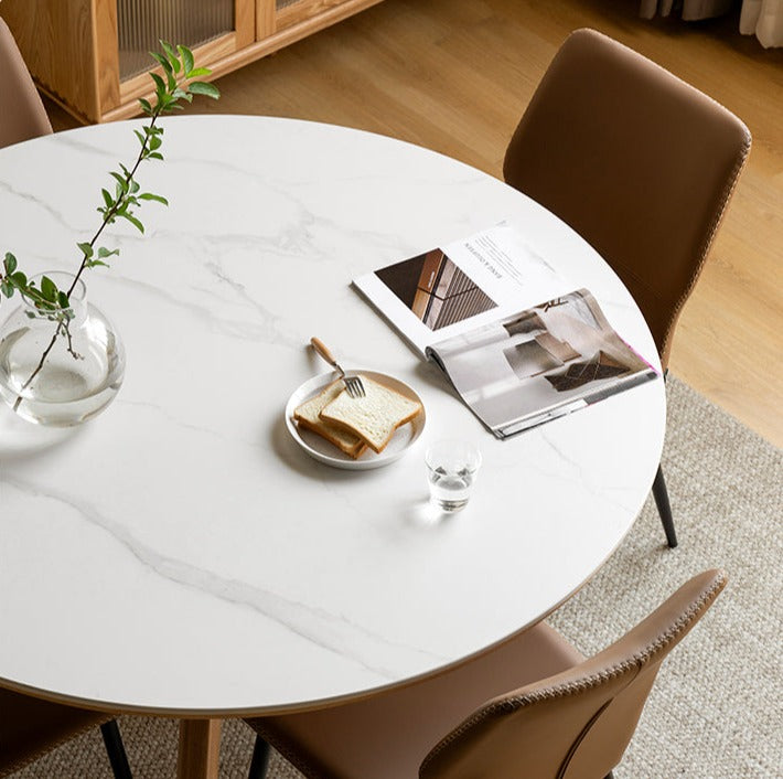 Solid Oak Wood Round Nordic Dining Table with Rock Slab Surface - Modern Farmhouse Kitchen & Dining Room Furniture for Family Gatherings