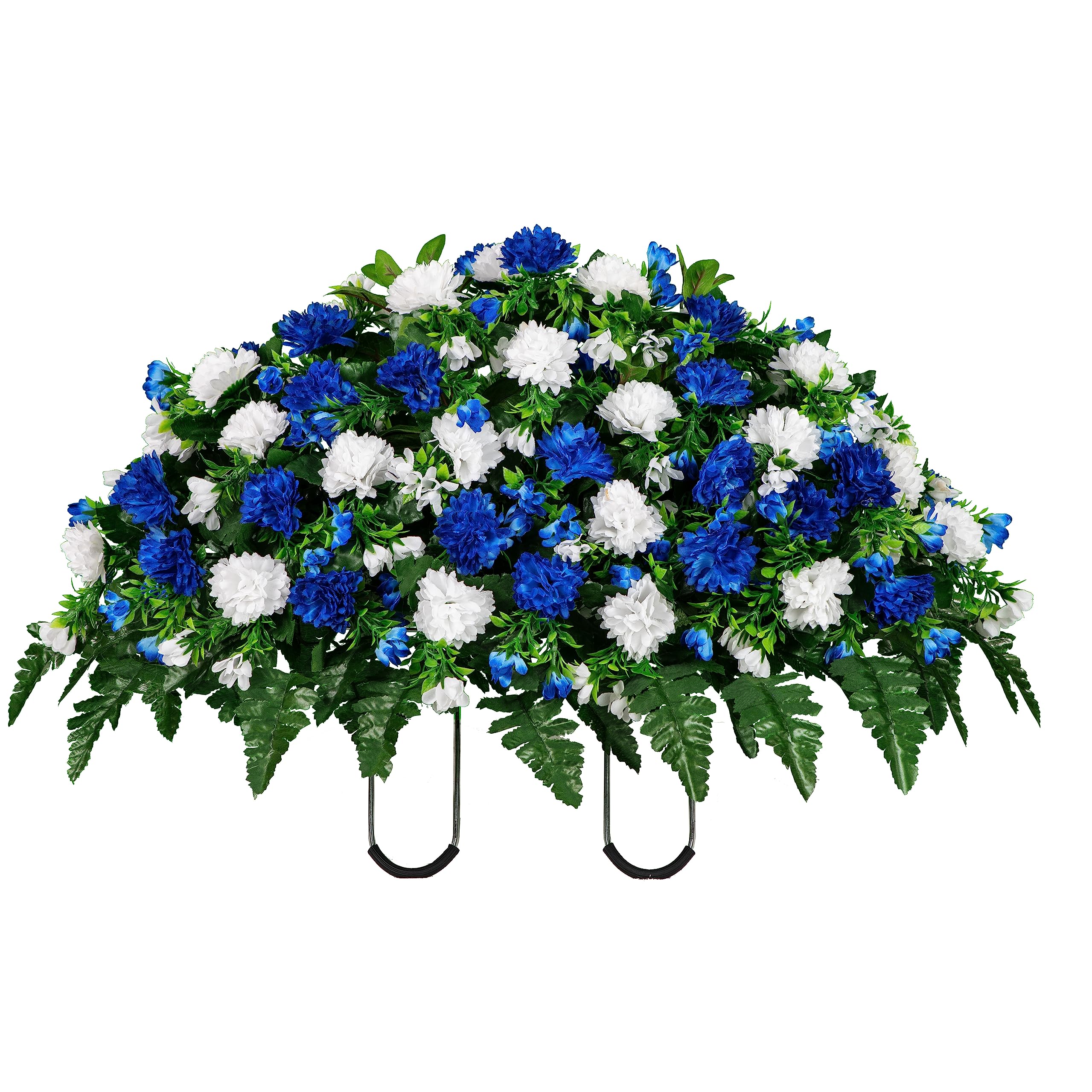 Sympathy Silks Artificial Cemetery Flowers - Bright Sapphire Blue and White Garden Mums - 30