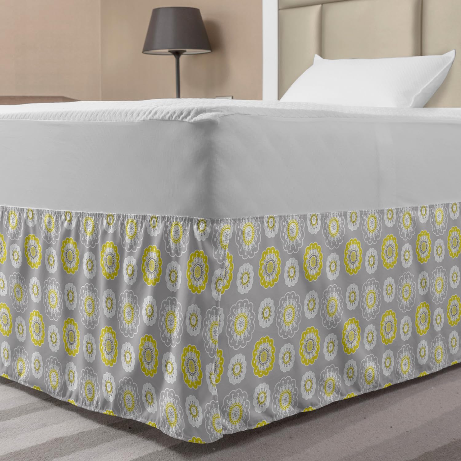 Ambesonne Elastic Bed Skirt - Twin/Twin XL Size, Grey & Mustard Yellow Floral Design, Wrap Around Dust Ruffle for Bedroom Decor | Perfect for Guest Rooms, Dormitories & Home Styling