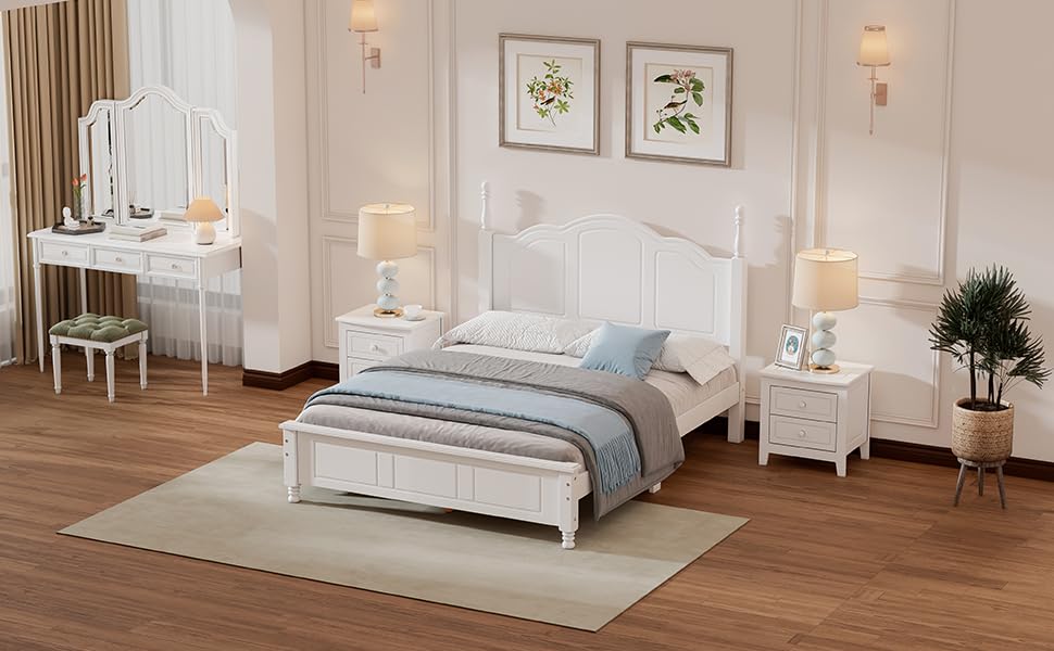 Harper & Bright Designs 3-Piece Full Bedroom Set - Wooden Full Size Platform Bed with 2 Nightstands - Retro Style Bedroom Furniture - Easy Assembly (White) - Perfect for Small Spaces & Guest Rooms