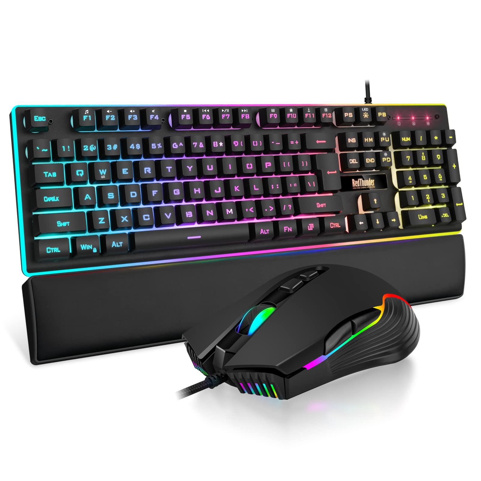 RedThunder K10 RGB Backlit Mechanical Feel Gaming Keyboard & Mouse Combo with Wrist Rest - Anti-Ghosting Keyboard, 7200 DPI 7D Mouse & Soft Leather Wrist Support - Perfect for PC Gaming, Office Work & Streaming (Black)