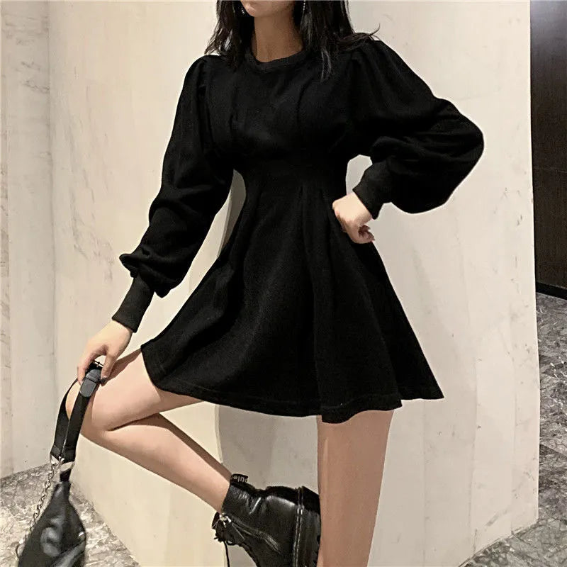Korean Style Autumn Black Mini Dress - Long Sleeve Pleated Wrap Dress for Women | Spring Fashion Casual Streetwear | Perfect for Kpop Outfits, Date Nights & Office Wear