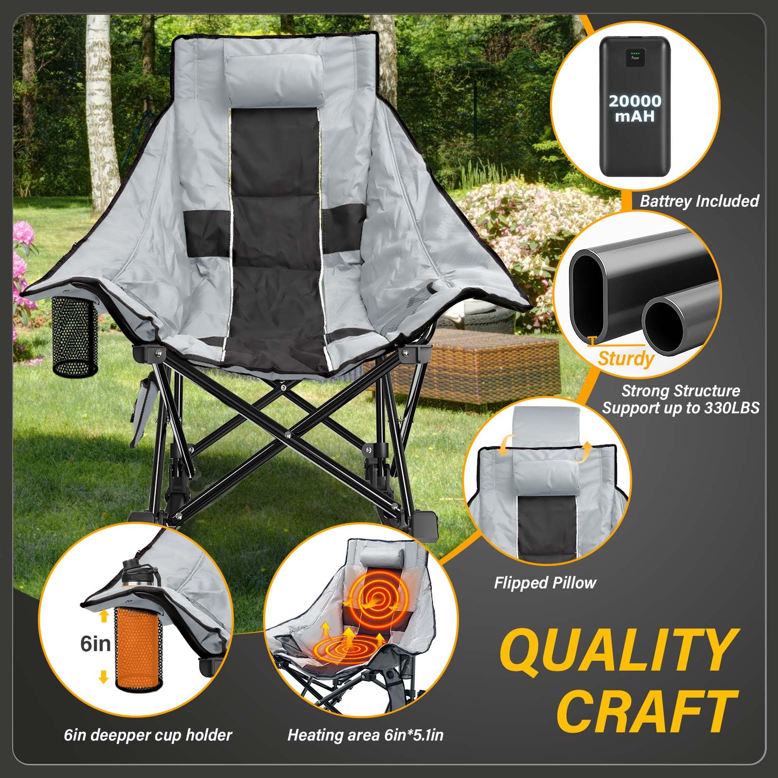 **XL Heated Camping Chair with 3-Level Adjustable Heating for Back & Seat - Portable Outdoor Folding Rocking Chair, Heavy-Duty Lawn Chair for Camping, Hunting, Fishing & Backyard Relaxation**