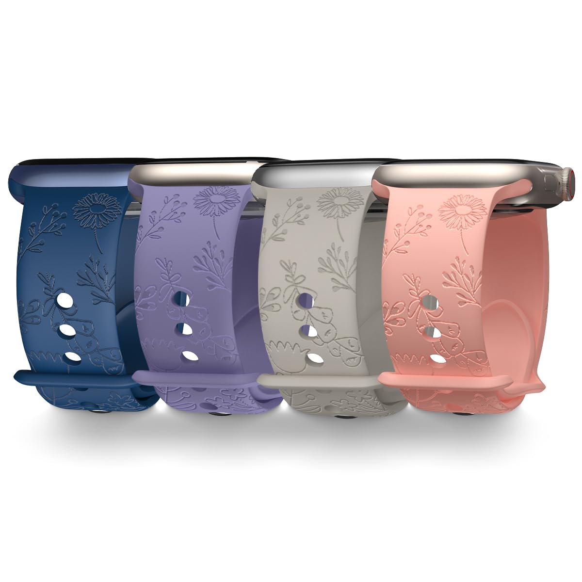 4 Pack Floral Engraved Apple Watch Bands - Compatible with 38mm 40mm 41mm 42mm 44mm 45mm iWatch Ultra Series 8/7/6/5/4/3/2/1 & SE - Soft Silicone Sport Replacement Strap for Women & Men - Perfect for Workouts, Daily Wear & Fashion Accessories
