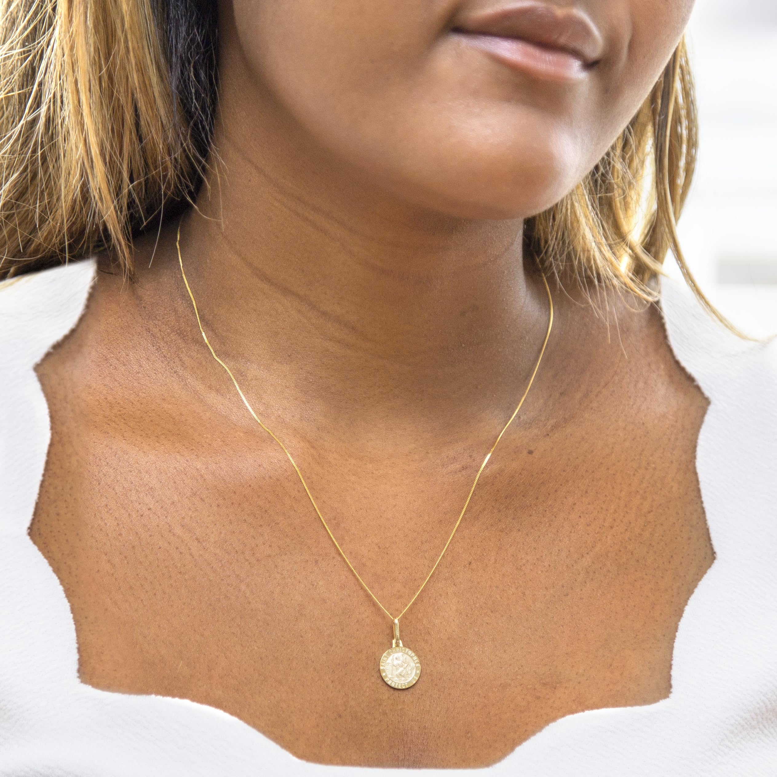 Carissima Unisex 9ct Gold St. Christopher Medal Pendant Necklace - 12mm Round Religious Jewelry with Diamond Cut Curb Chain for Men & Women - Perfect for Travel Protection, Baptism Gifts & Everyday Wear