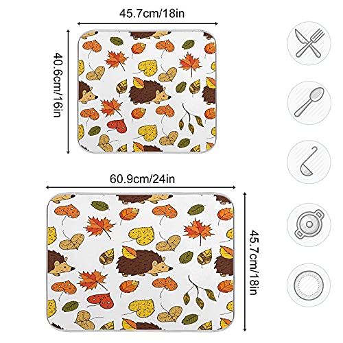 16x18 Inch Autumn-Themed Dish Drying Mat - Fast Absorbent Kitchen Counter Decor with Maple Leaves & Hedgehog Design | Heat-Resistant Tableware Pad, Baby Bottle Rack & Drainer Mat for Fall Kitchen Accessories | Perfect for Holiday Entertaining & Cozy Home Decor