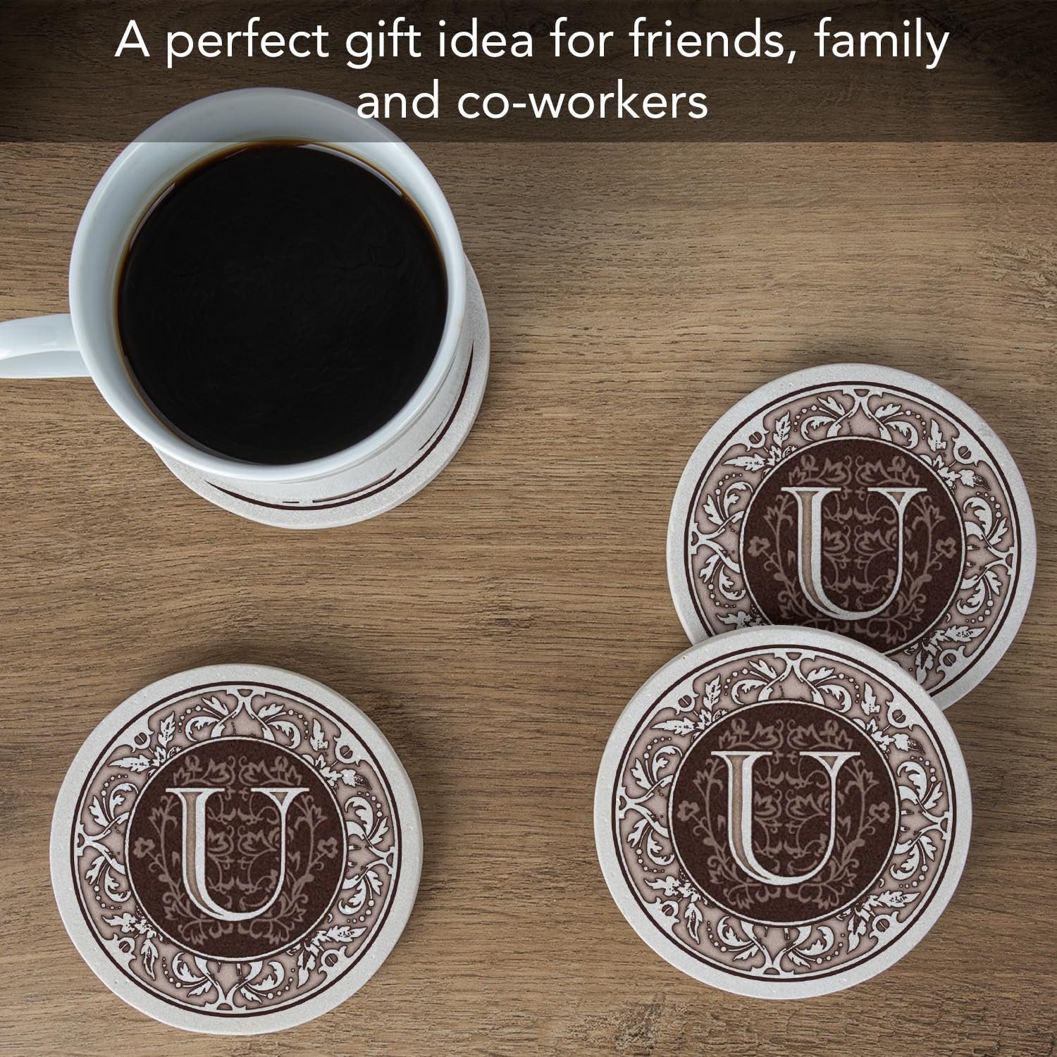 Thirstystone Monogram Letter U Absorbent Sandstone Coaster Set of 4 | Made in USA | Decorative Drink Coasters for Home & Office | Absorbs Condensation, Easy to Clean | Perfect for Coffee, Wine & Beverage Protection