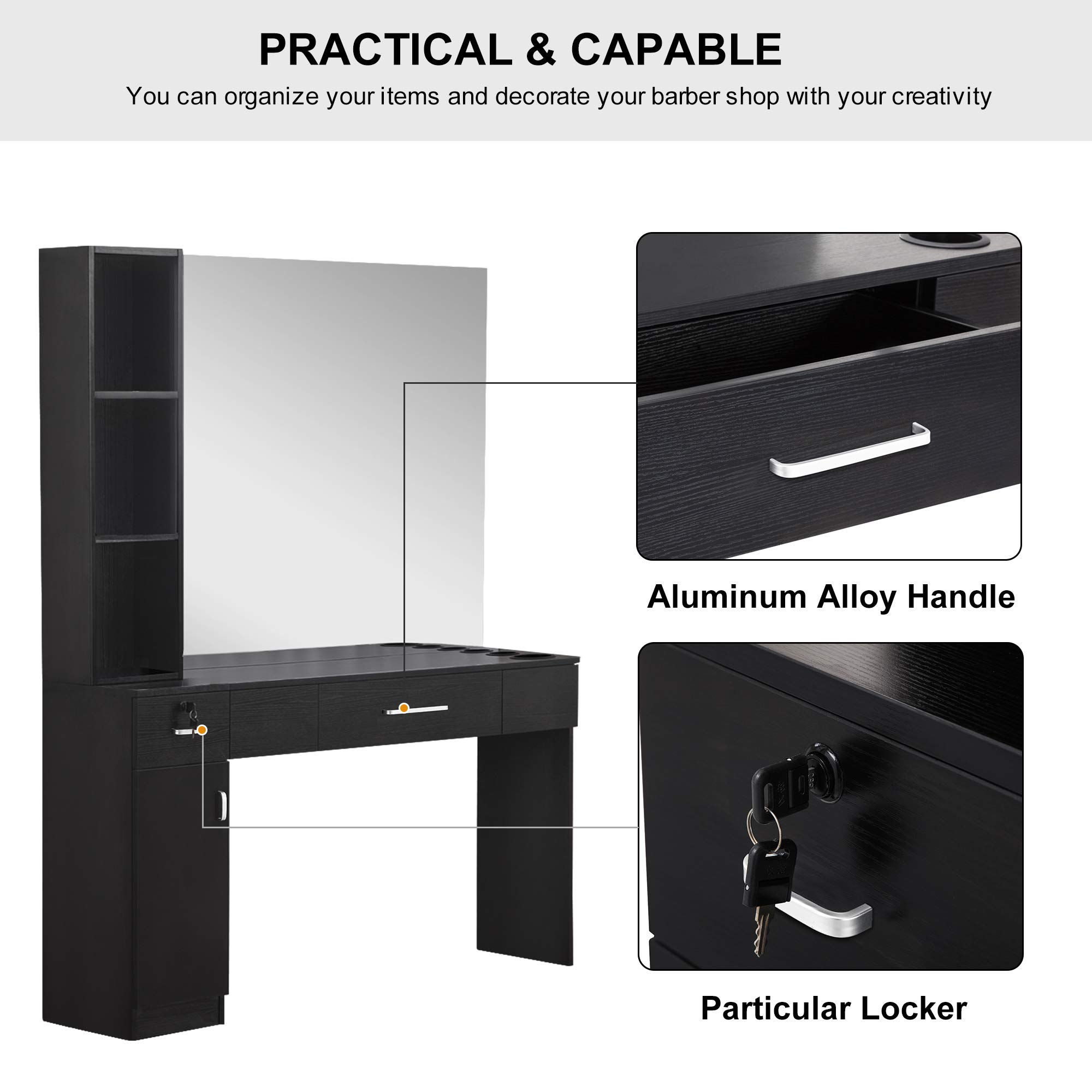 Professional Barber Salon Station with 3 Hair Dryer Holders - Wall Mounted Hair Styling & Beauty Spa Equipment Set with Mirror (Black, Model 3046) - Perfect for Barbershops, Salons & Home Styling Stations