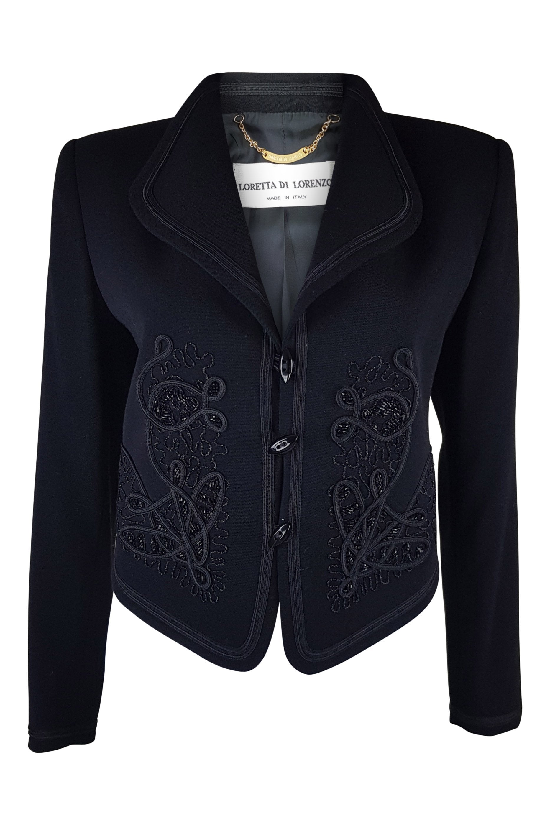 LORETTA DI LORENZO Women's Black Embroidered Wool Jacket - Italian Size 40 | Elegant Winter Coat for Office, Dinner Dates & Special Occasions