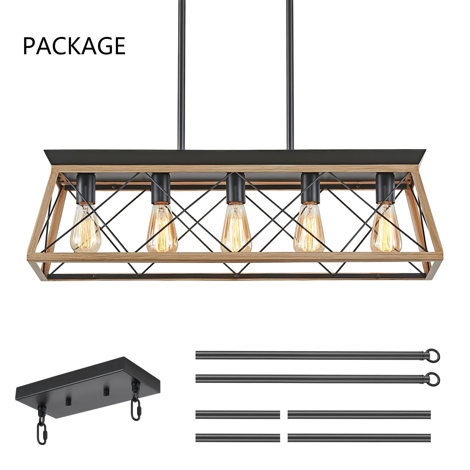 HuixuTe 5-Light Farmhouse Chandelier - Adjustable Height Rustic Wood Pendant Light for Kitchen Island & Dining Room Table | Perfect for Country Style Homes, Restaurants & Cabin Decor