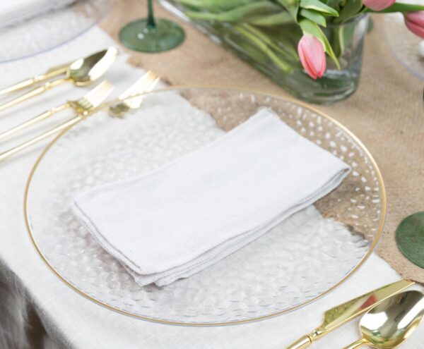 4 Pack Clear & Gold Rim Hammered 13-Inch Round Plastic Charger Plates - Elegant Dinnerware for Weddings, Parties & Formal Dining