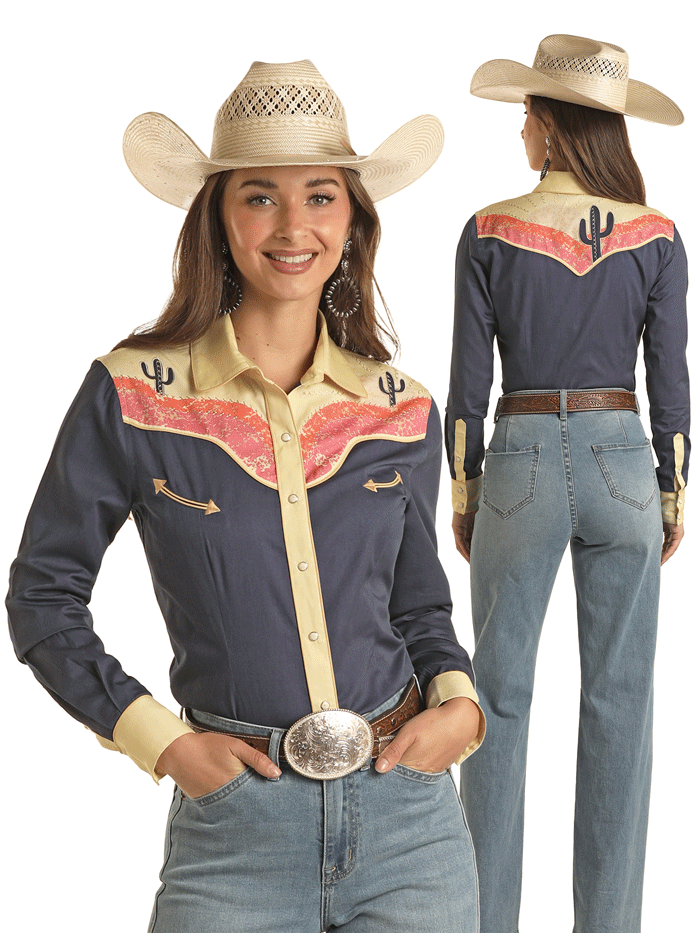 Panhandle LWN2S03459 Women's Cactus Sunset Print Long Sleeve Retro Western Shirt in Navy Blue - Perfect for Country Music Festivals & Boho Chic Outfits