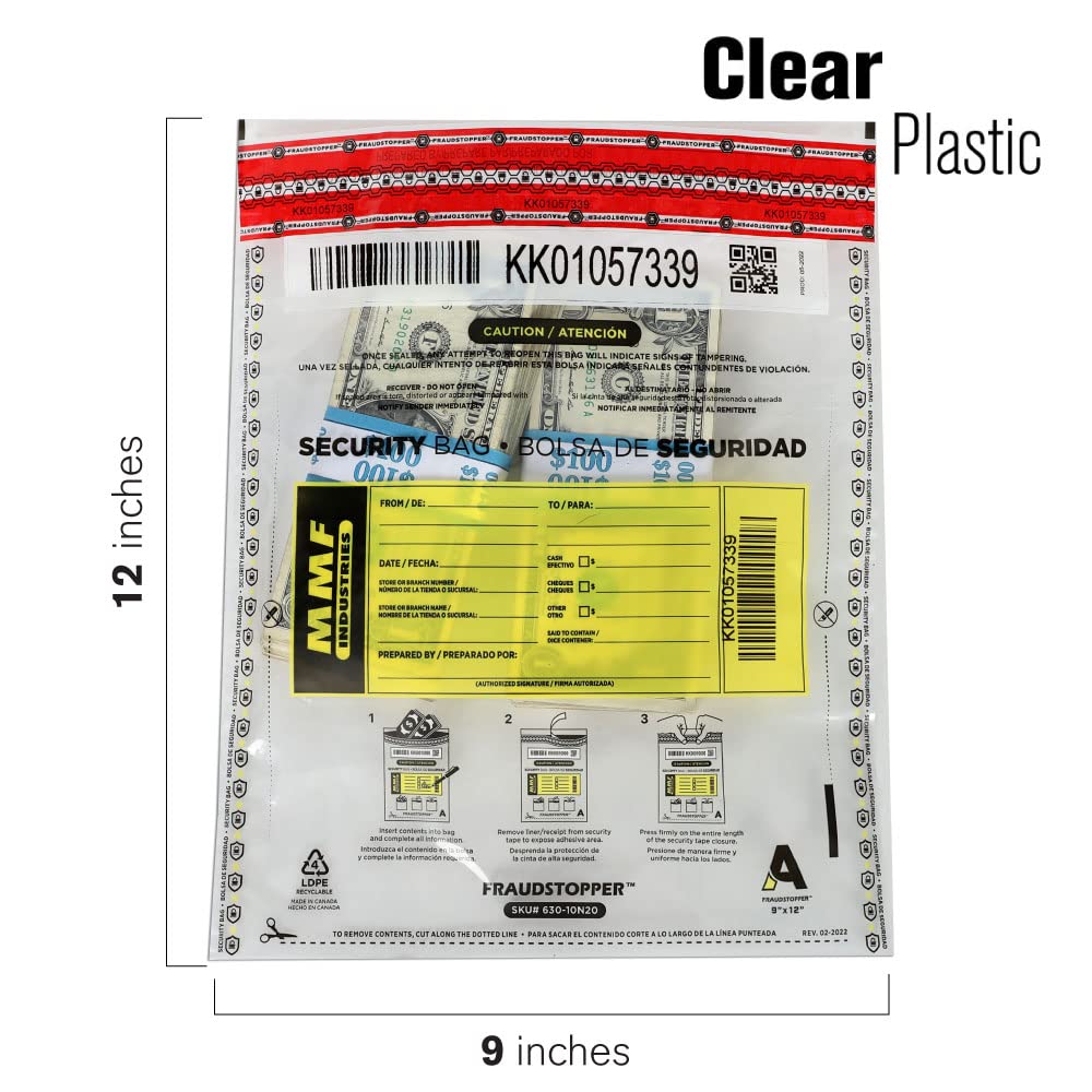 FraudStopper Tamper-Evident Deposit Bags - 2.5mm Thick, 9x12 Inches - 100 Pack Clear Bank Money Bags for Secure Cash & Check Deposits | Ideal for Retail, Banks & Small Businesses | MMF Industries