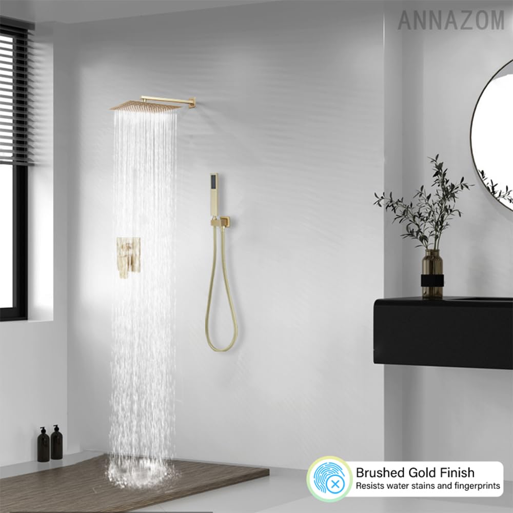 High Pressure 10 Inch Shower Faucet Set with Handheld Spray & Rough-in Valve - Brushed Gold Finish for Bathroom & Shower Room | Perfect for Modern Home Spa Experience & Water Saving