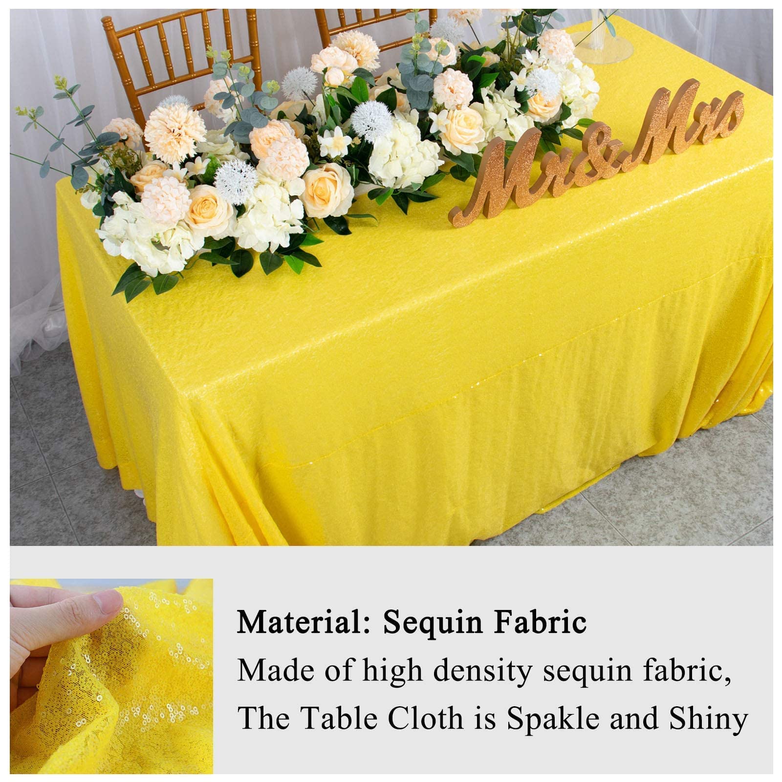 AMZLOKAE Yellow Rectangle Sequin Tablecloth 90x132 - Sparkling Wedding & Party Table Cover, Elegant Dining Room Decor for Special Occasions
