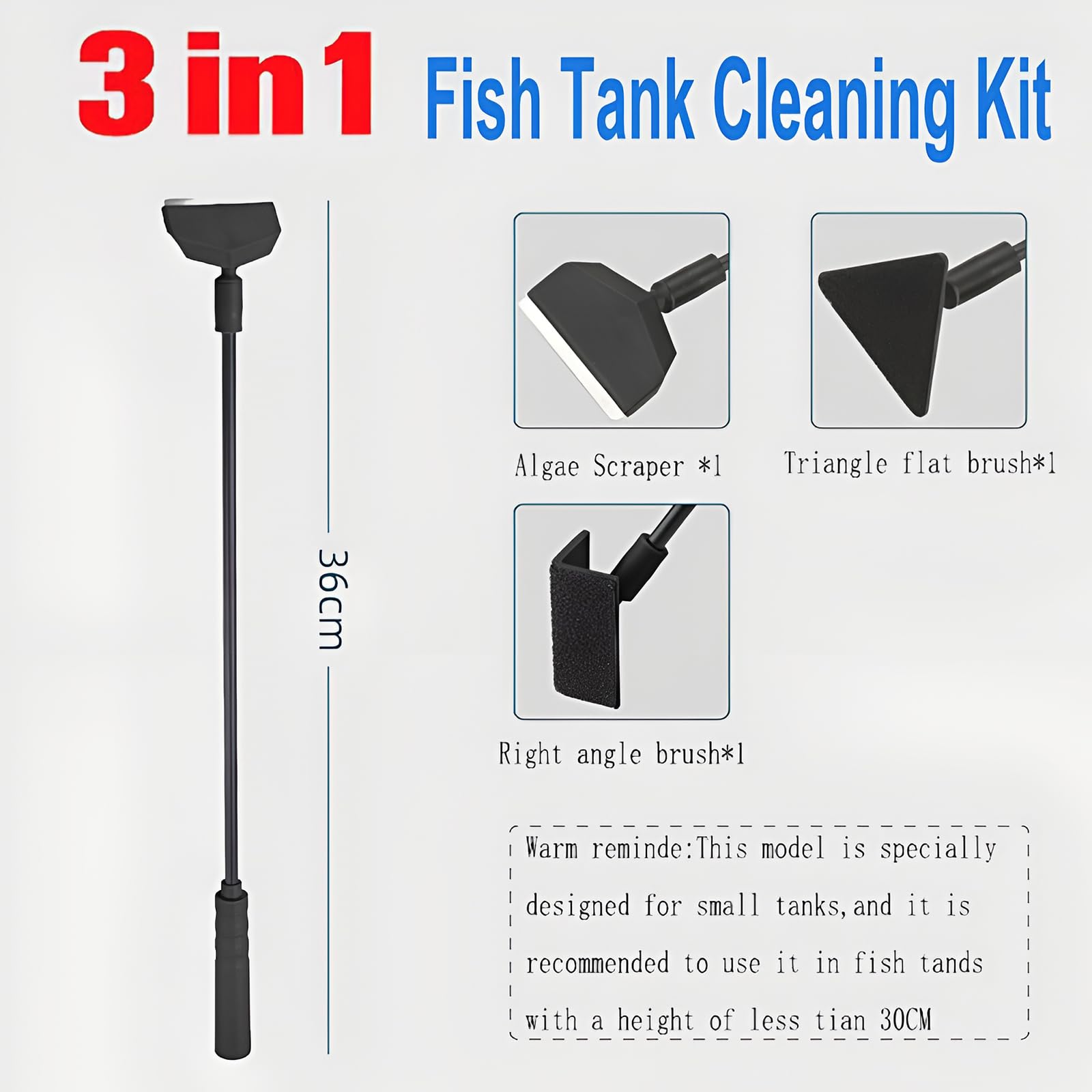 Premium 3-in-1 Fish Tank Cleaner Kit - Aquarium Glass Cleaner, Algae Scraper & Right Angle Brush for Crystal Clear Water | Complete Maintenance Solution for Freshwater & Saltwater Tanks | Perfect for Home, Office or Classroom Aquariums