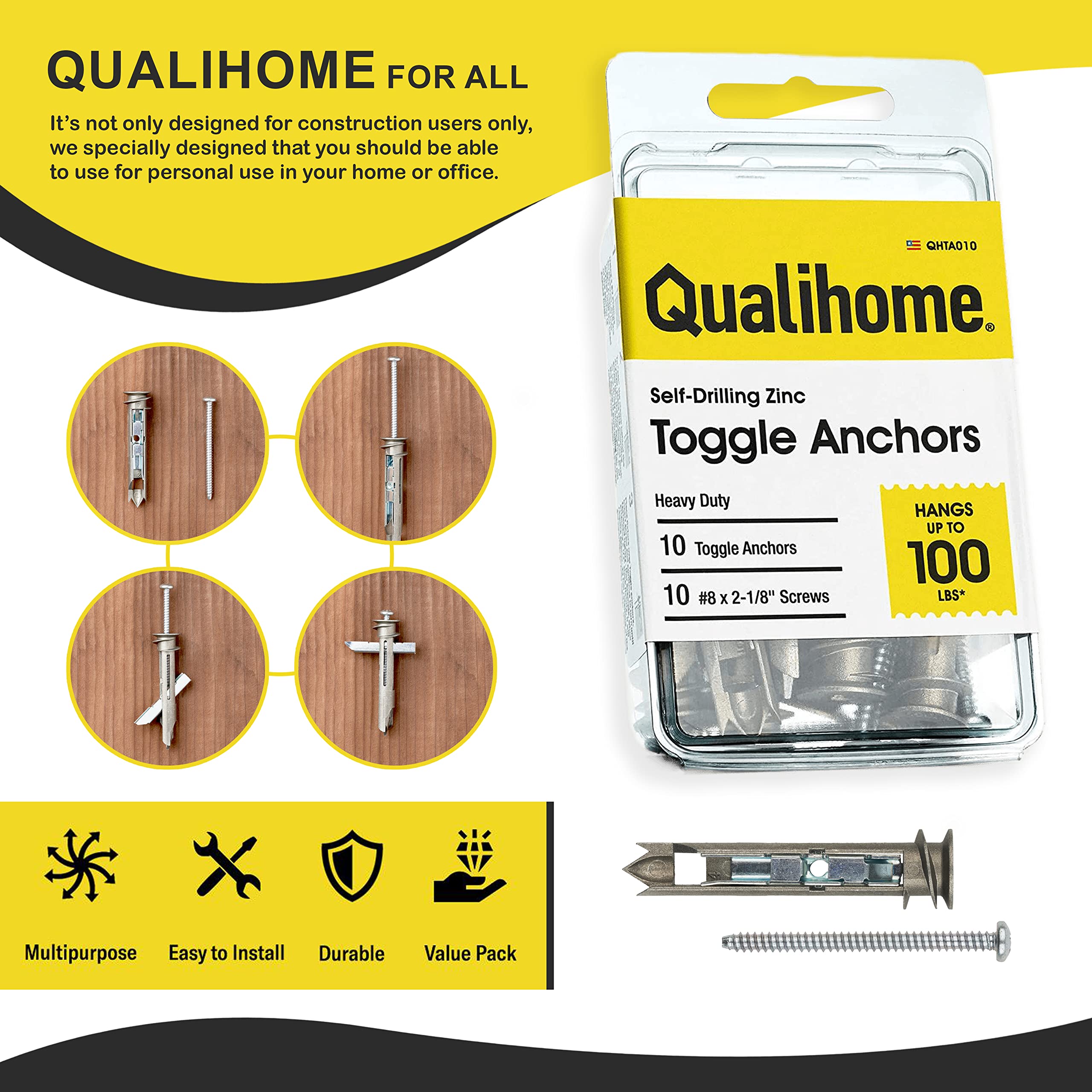 Heavy Duty Drywall Anchors and Screws Kit - Self-Drilling Toggle Anchors with Zinc Coating for Secure Wall Mounting | Perfect for Hanging Pictures, Shelves, Mirrors & Home Decor