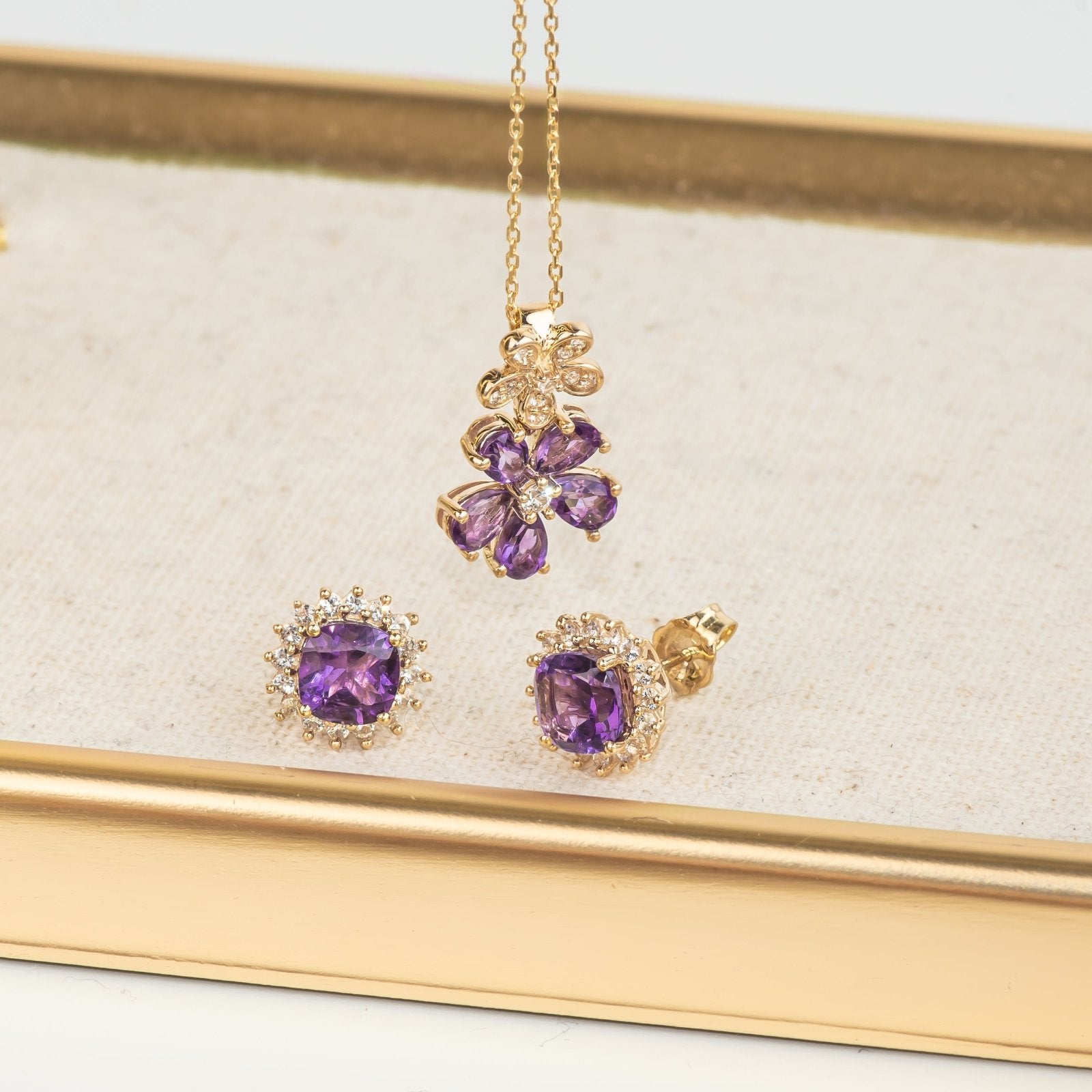 10k Yellow Gold Amethyst & White Sapphire Double Flower Drop Pendant Necklace - Elegant Jewelry Gift for Women, Perfect for Weddings, Anniversaries & Special Occasions
