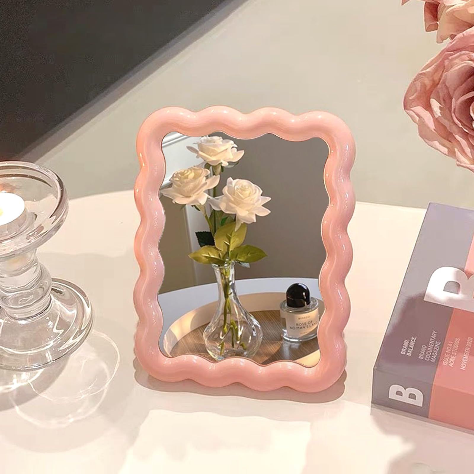 Wave Shaped Vanity Mirror - Portable Folding Makeup Mirror for Travel & Home (6.7X5.3 Inch, Pink) - Perfect for Bedroom & On-the-Go Touch Ups