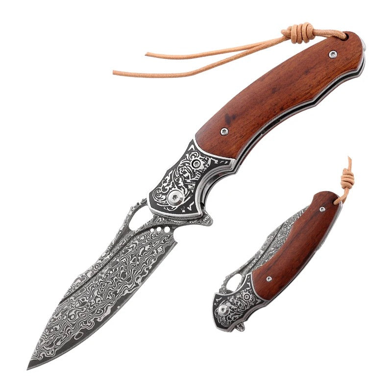 Premium Damascus Steel Pocket Knife with Exotic Red Sandalwood Handle - Engraved Meteor Design for Outdoor Camping, Hiking & Everyday Carry (EDC)