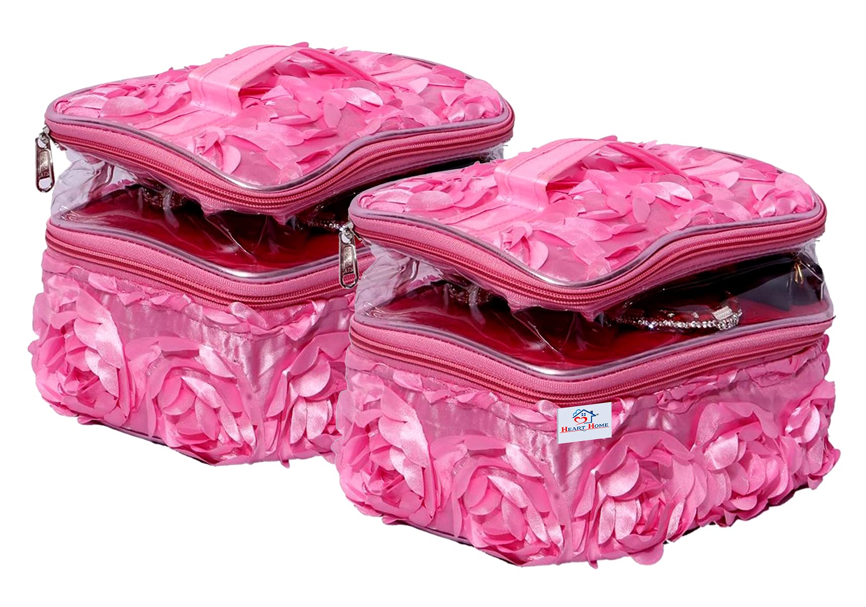 Kuber Industries Double Layer Cosmetic Bag with Floral Design - Travel Makeup Organizer for Toiletries & Cosmetics (Pack of 2, Pink) - Perfect for Travel, Gym, and Daily Beauty Storage