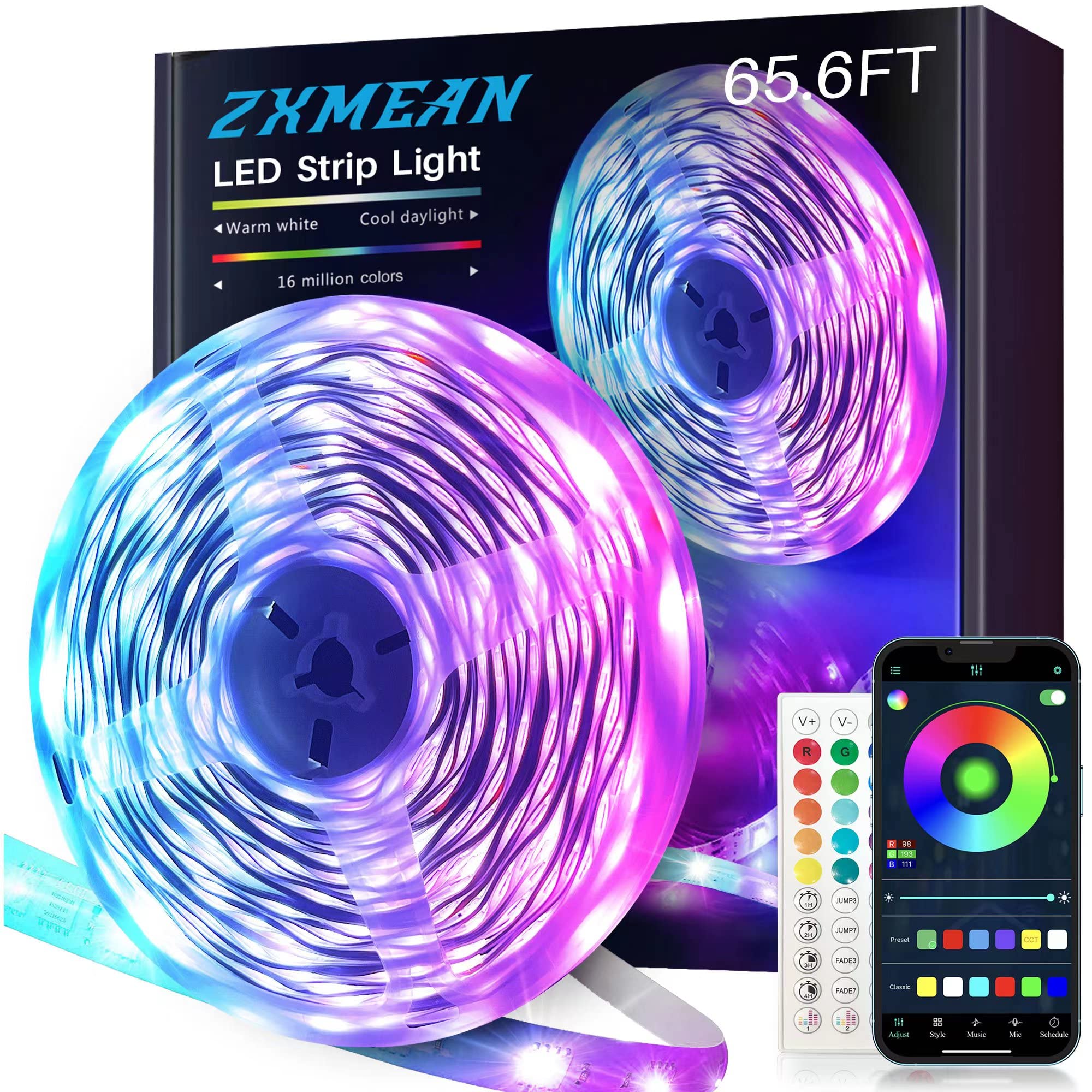 65.6ft ZXMEAN Smart LED Strip Lights for Bedroom - RGB Color Changing Lights with Bluetooth App & Remote Control, Waterproof LED Light Strips for Room Decor, Gaming Setup, and Party Lighting