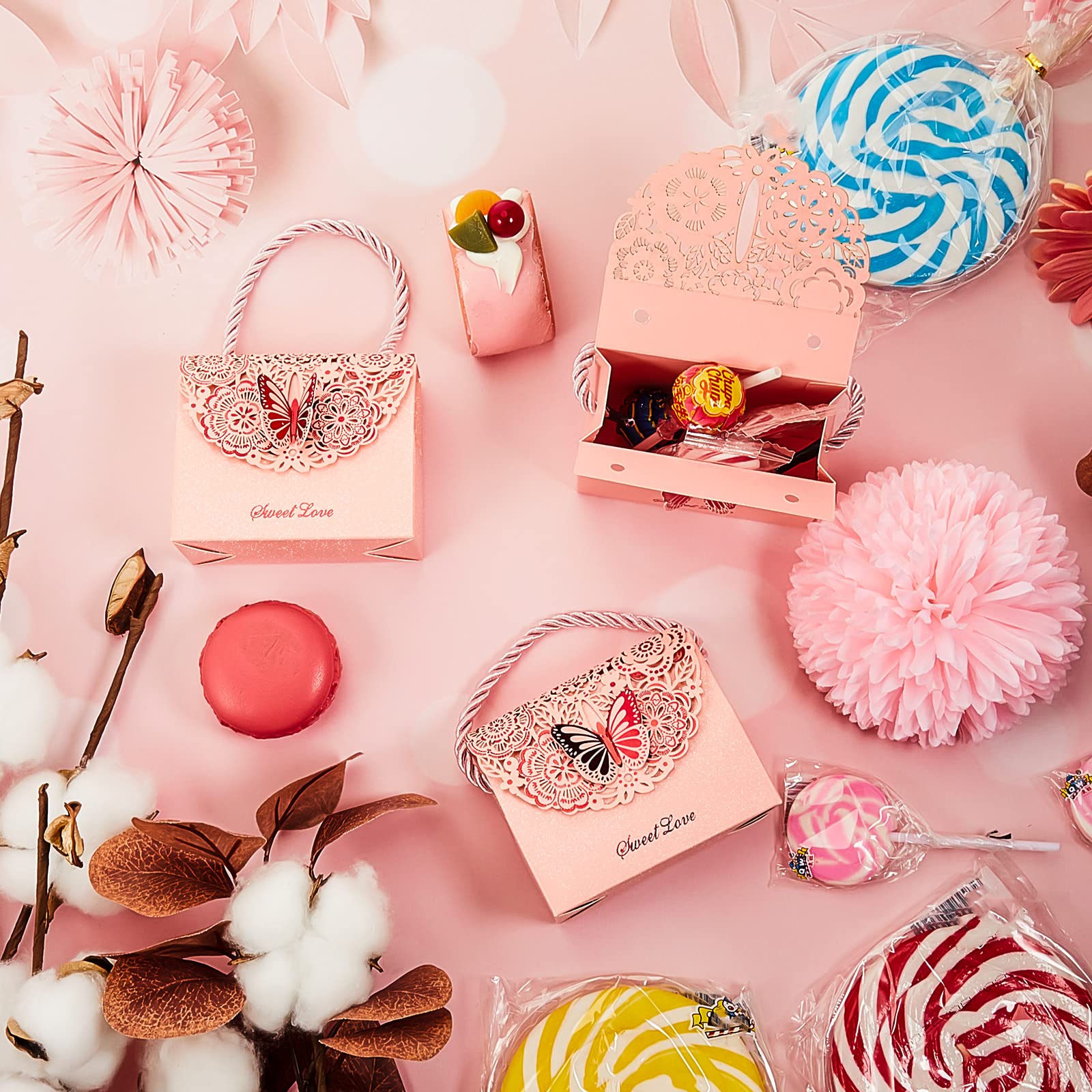 50 Pcs Pink Butterfly Party Favor Bags - Elegant Wedding, Birthday & Bridal Shower Treat Boxes for Candy & Small Gifts - Perfect for Baby Showers, Graduations & Special Events