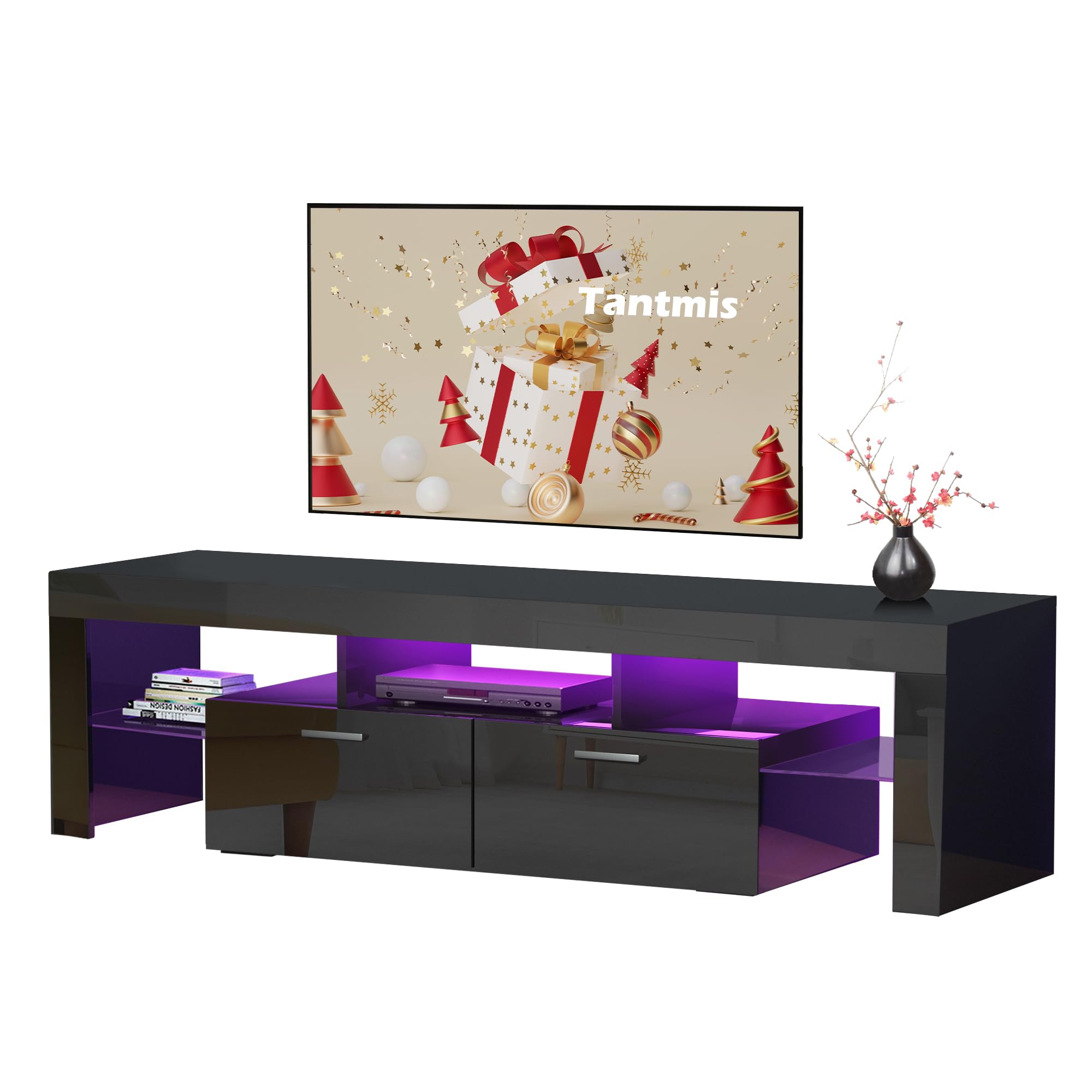 55/65/70/75 Inch Black LED TV Stand with Large Storage - Modern TV Media & Entertainment Center for Living Room, Bedroom, Gaming - Perfect for Movie Nights & Home Theater Setup (63