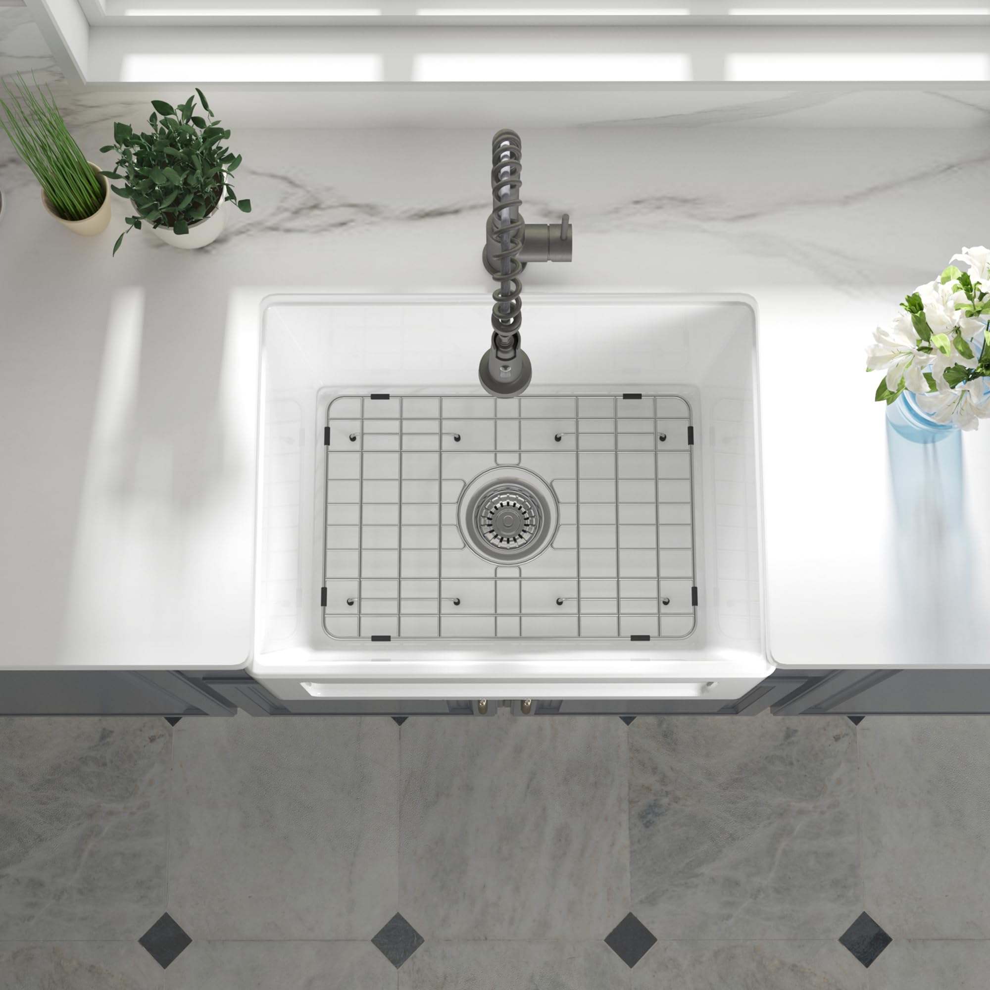 24 Inch White Ceramic Kitchen Sink - Single Bowl Reversible Design with Bottom Grid & Basket Strainer | Durable HERCATE Sink for Modern Farmhouse, RV & Small Kitchen Remodeling