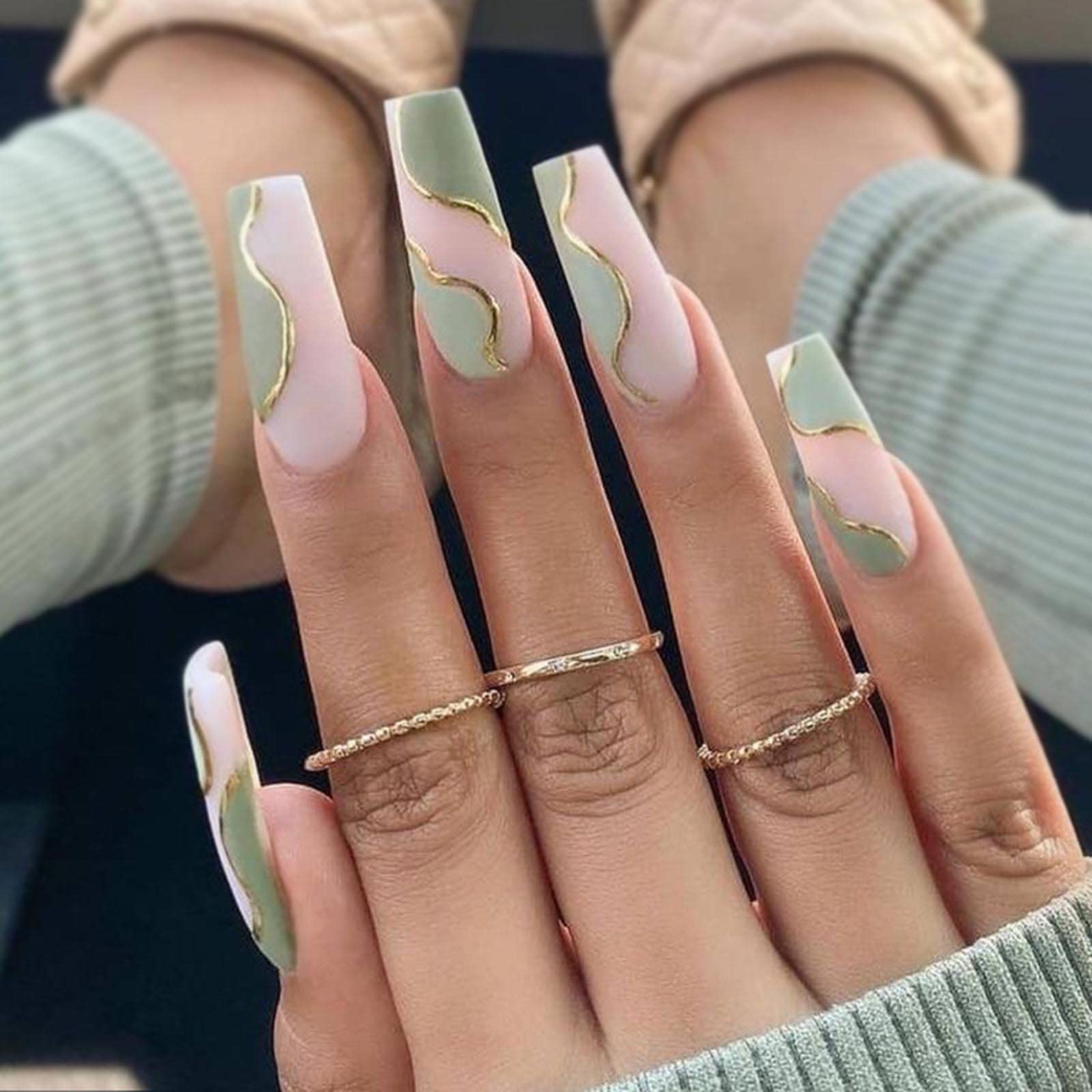 Acenail Extra Long Coffin Press-On Nails - 24PCS French Tip Fake Nails with Glossy Designs, Full Cover Acrylic Nail Tips for Women & Girls (#3 Matte Line) - Perfect for Parties, Weddings & Daily Wear