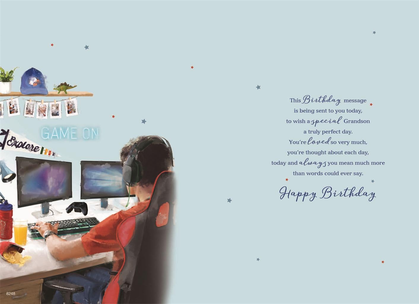 ICG Special Grandson Birthday Card for Computer Gamers - Foil Finish with Headphones & Snacks Design | Perfect Gift for Gaming Enthusiasts & Grandkids