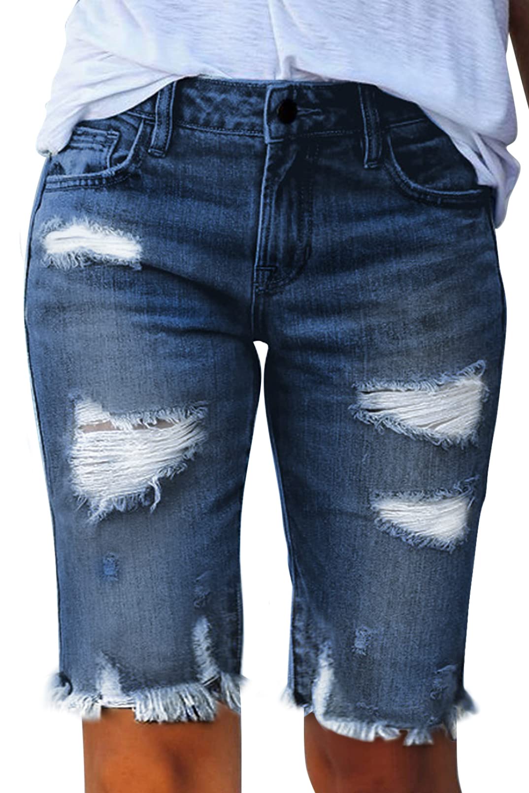 Sidefeel Women's Distressed Denim Bermuda Shorts with Raw Hem - High Waist Casual Summer Jeans Shorts for Women | Perfect for Beach, Travel & Everyday Wear
