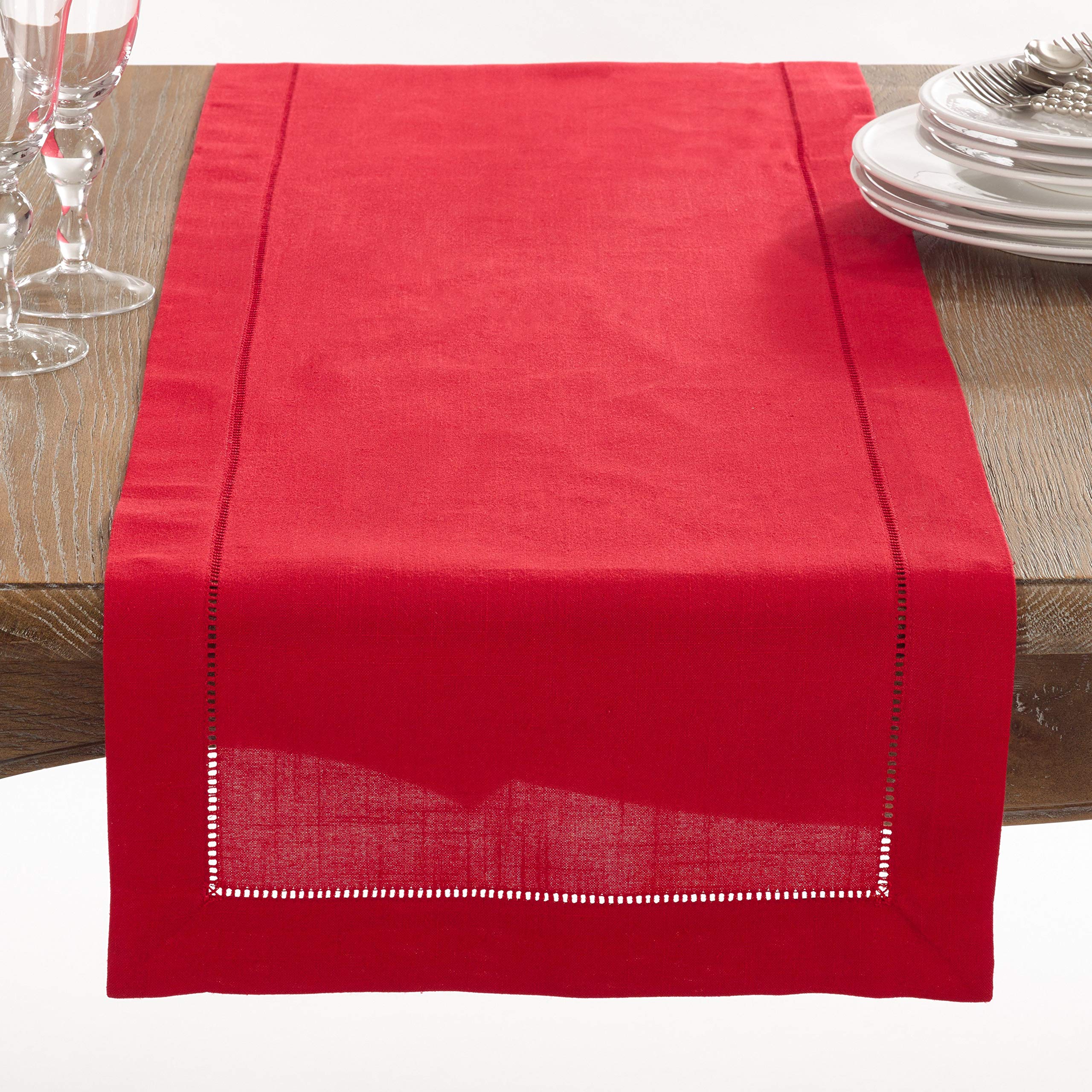 Elegant Red Hemstitch Table Runner - 16