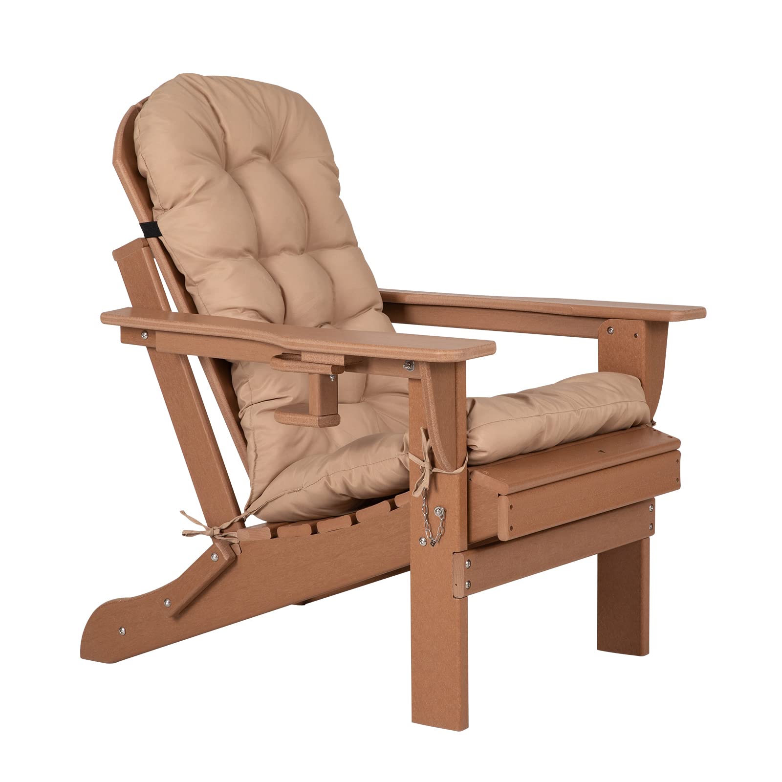 Premium HDPE Plastic Folding Adirondack Chair with Cushion & Cup Holder - Weather-Resistant Oversized Patio Chair for Outdoor, Garden, Deck, Fire Pit & Camping - Comfortable Teak Wood Design for Relaxation & Entertaining