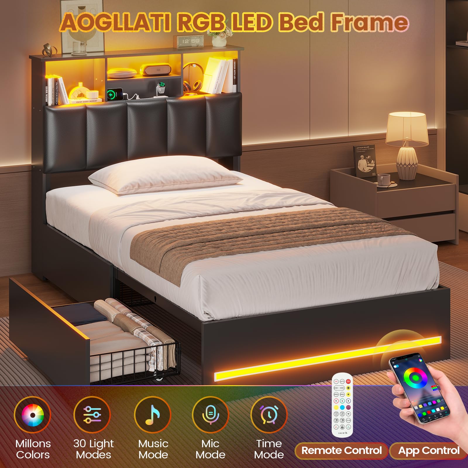 AOGLLATI Twin Bed Frame with 4 Storage Drawers, USB Charging Station & LED Lights - Modern Twin Size Bed with Bookcase Headboard & Metal Slats, No Box Spring Required - Perfect for Small Bedrooms, Dorms & Guest Rooms (Black)