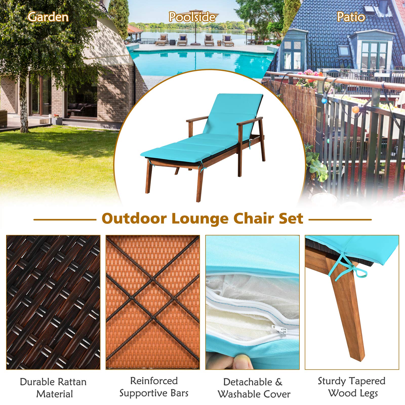 **Acacia Wood Chaise Lounge Set with Folding Coffee Table & Removable Cushions - 4 Adjustable Positions, Rattan Reclining Chair for Poolside, Garden, Beach, Patio - Turquoise Outdoor Furniture for Relaxation & Sunbathing**