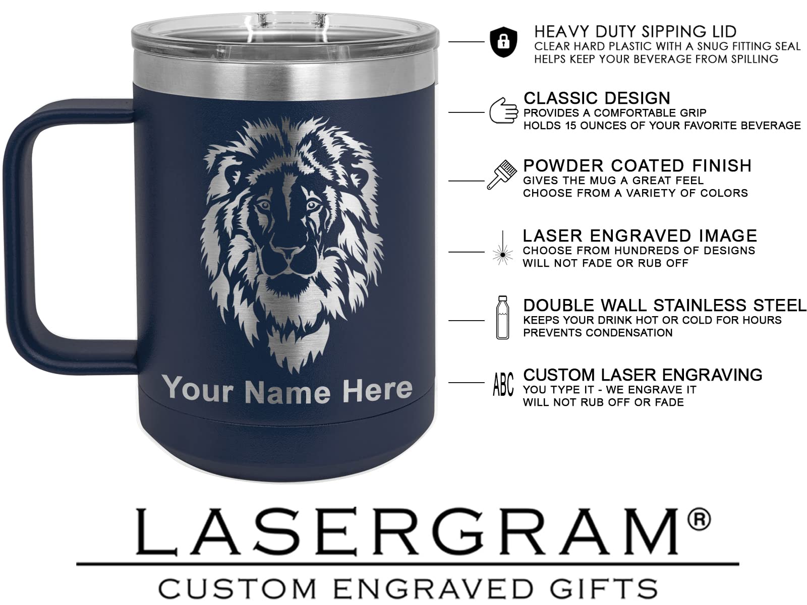 LaserGram 15oz Vacuum Insulated Stainless Steel Coffee Mug with Hockey Stick Design - Personalized Engraving Included (Navy Blue) - Perfect for Hockey Fans, Office Use & Outdoor Activities