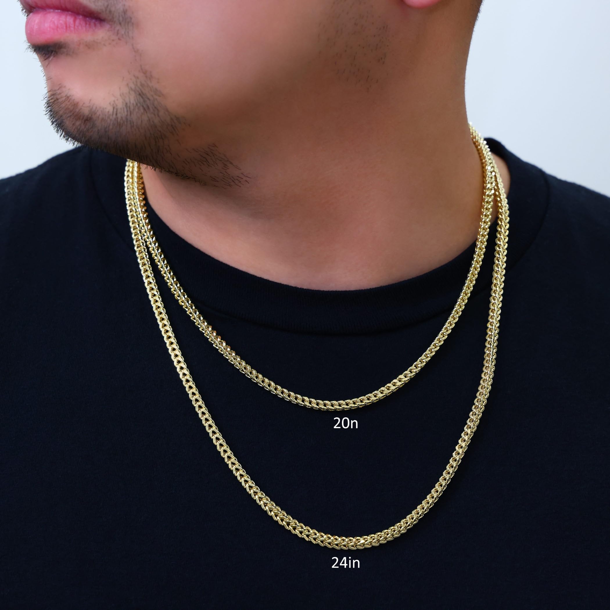 10K Real Yellow Gold Franco Square Box Chain Necklace for Men - 4mm Wheat Link Italian Jewelry (18