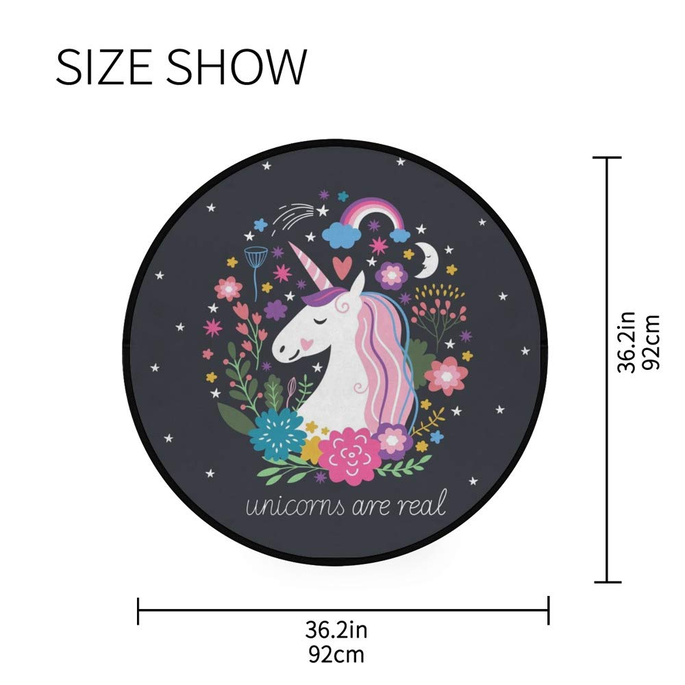 Floral Unicorn Rainbow Round Area Rug - Soft Polyester Kids Play Mat & Yoga Floor Mat for Living Room, Bedroom, Nursery (3' Diameter) - Perfect for Playtime, Meditation & Home Decor