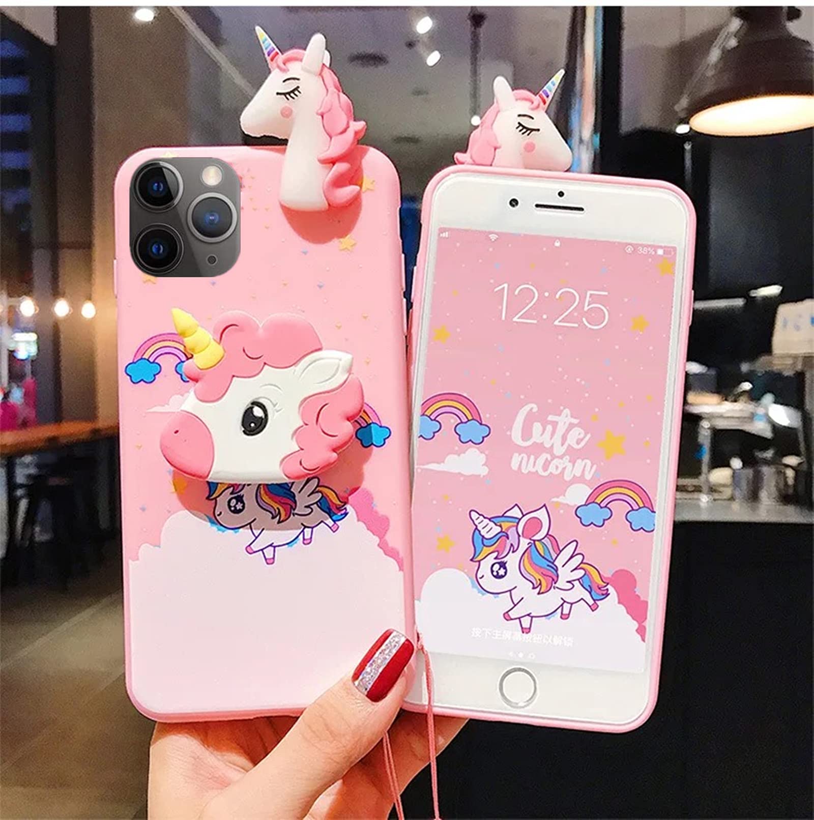 Unicorn iPhone 12 Pro Max Case 6.7 Inch with String Rope & Kickstand - 3D Cartoon Cute Elastic Protective Cover for Kids Girls Women - Perfect for School, Work & Daily Use (Pink)