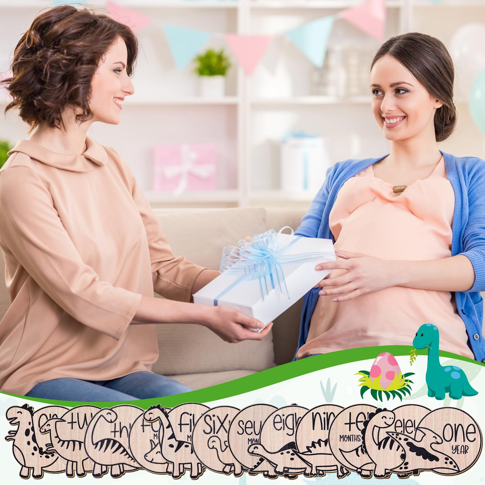 Wesiti 12 Pcs Wooden Baby Milestone Cards with Linen Bag - Monthly Growth Tracker Discs for Newborn Photography, Pregnancy Announcement & Baby Shower Gifts (Dinosaur Theme) - Perfect for Capturing Precious Moments & Creating Lasting Memories